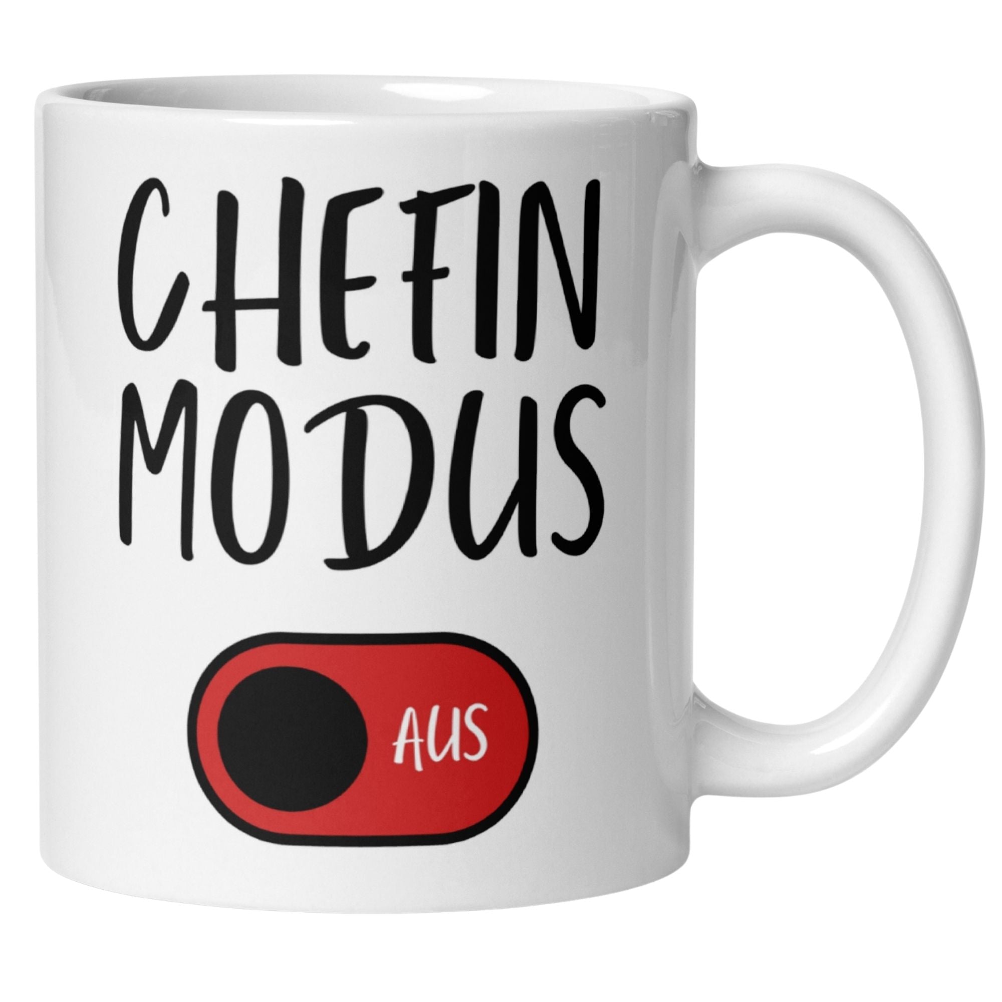 Momentals Tasse mit Spruch "Chefin Modus AUS" und rotem AUS-Schalter, perfektes Abschiedsgeschenk für Chefin.