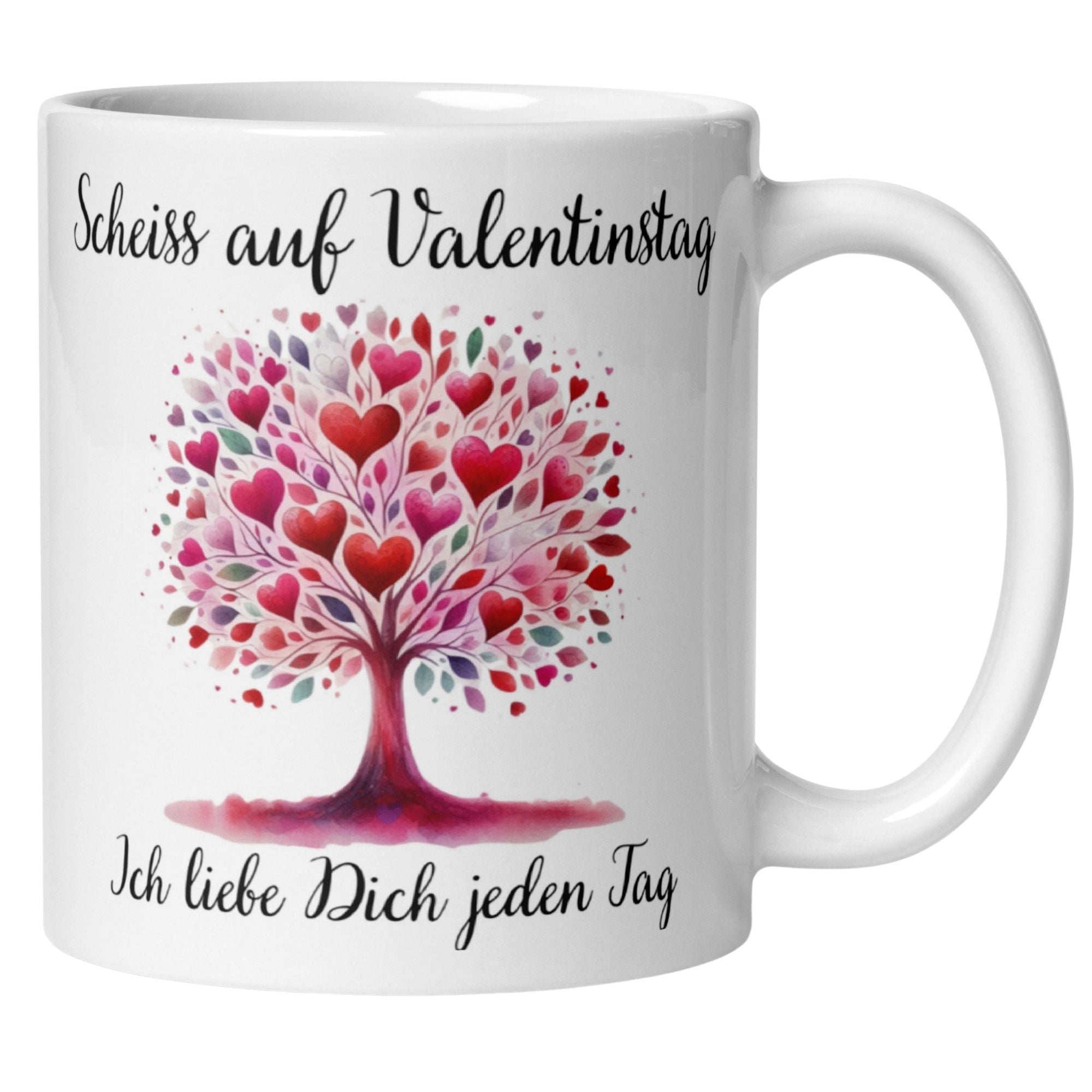 Momentals® Tasse mit Spruch "Scheiss auf Valentinstag" und herzförmigem Baumdesign.
