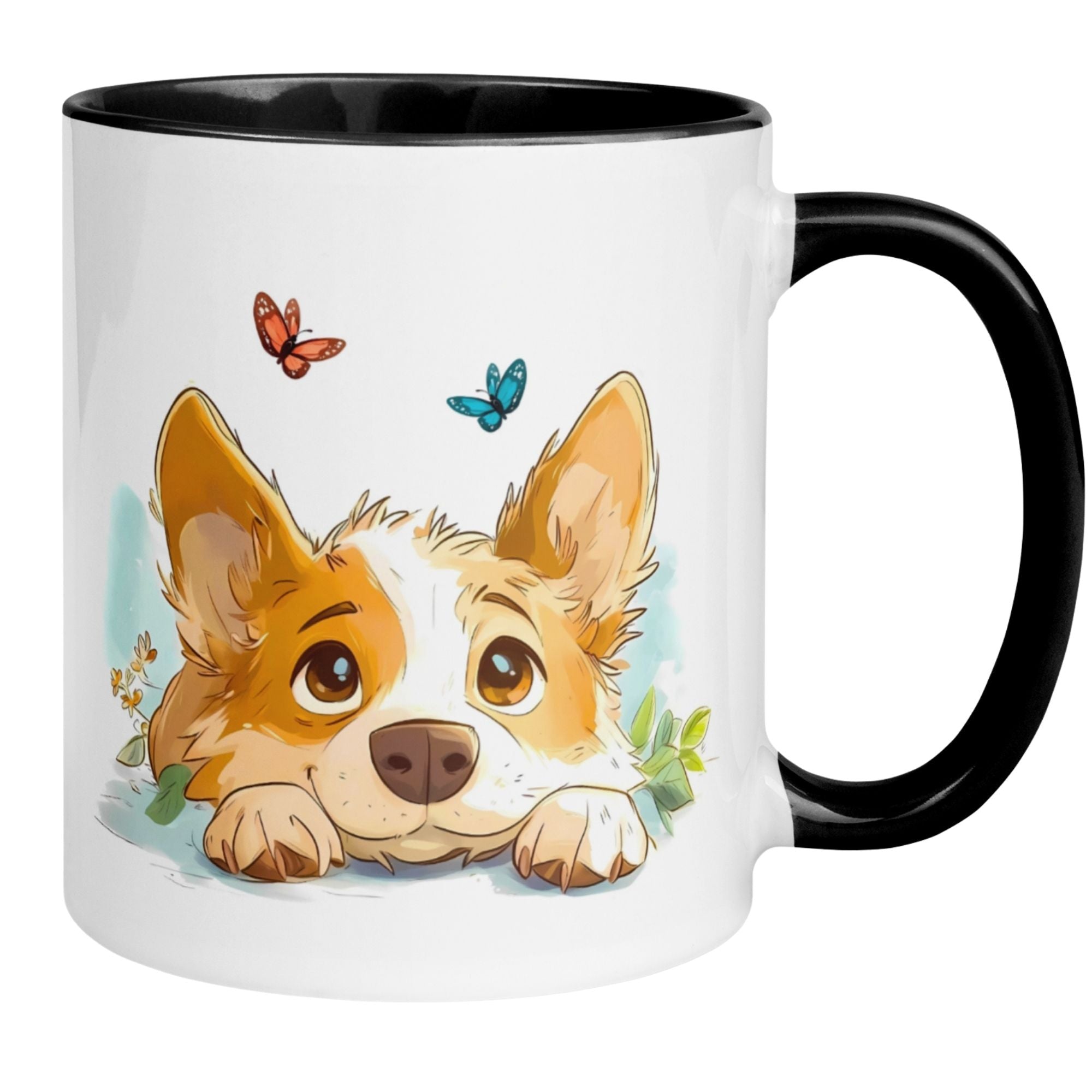 Momentals Tasse Morgenmuffel mit Corgi und Schmetterlingen, perfekt für müde Morgentypen.