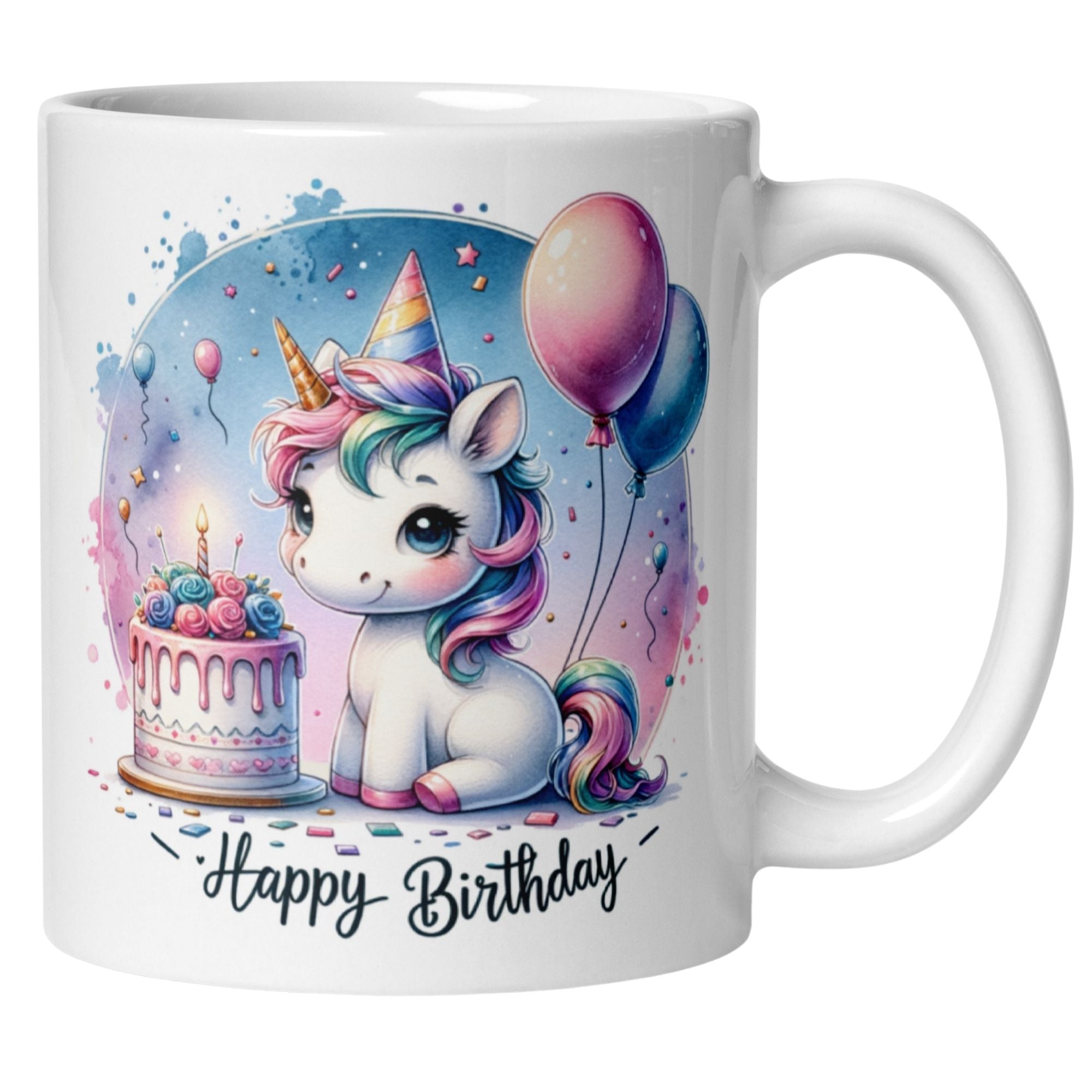 Bunte Einhorn-Tasse mit Happy Birthday Schriftzug, Luftballons und Geburtstagstorte.