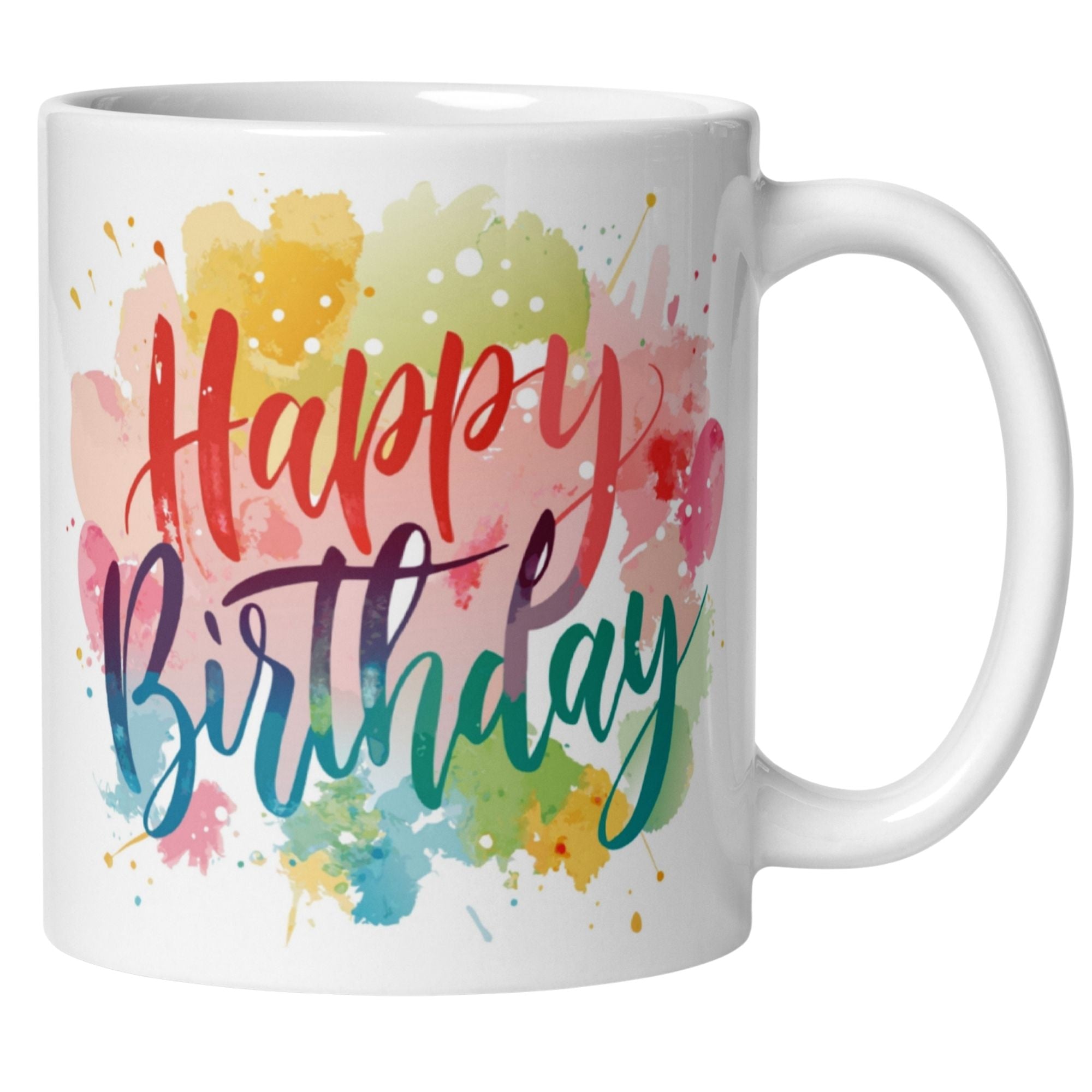 Farbige Geburtstagstasse mit dem Schriftzug 'Happy Birthday' auf lebhaften Aquarell-Flecken.