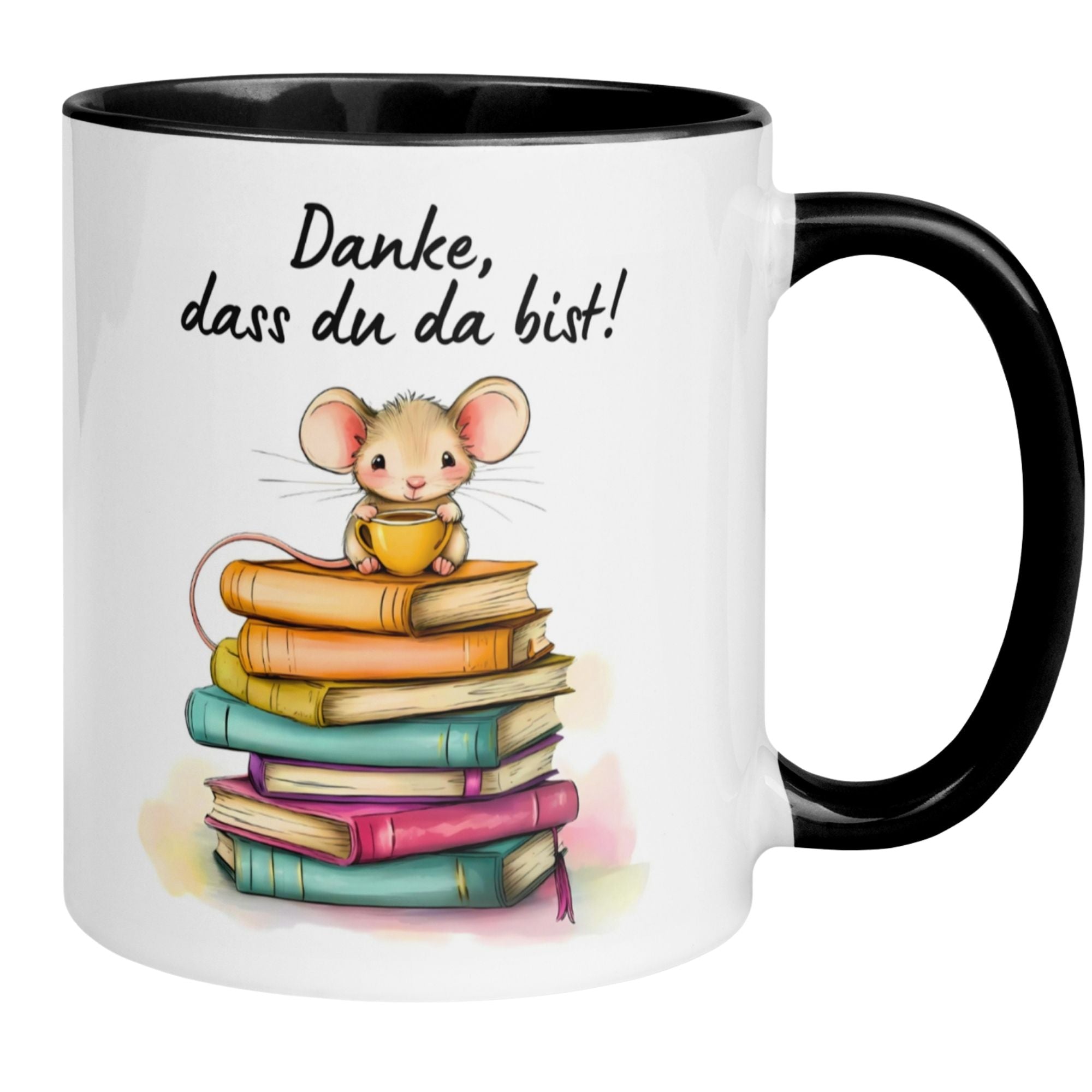 Momentals Tasse mit Mäuse-Motiv und Aufschrift 'Danke, dass du da bist' auf bunten Büchern.
