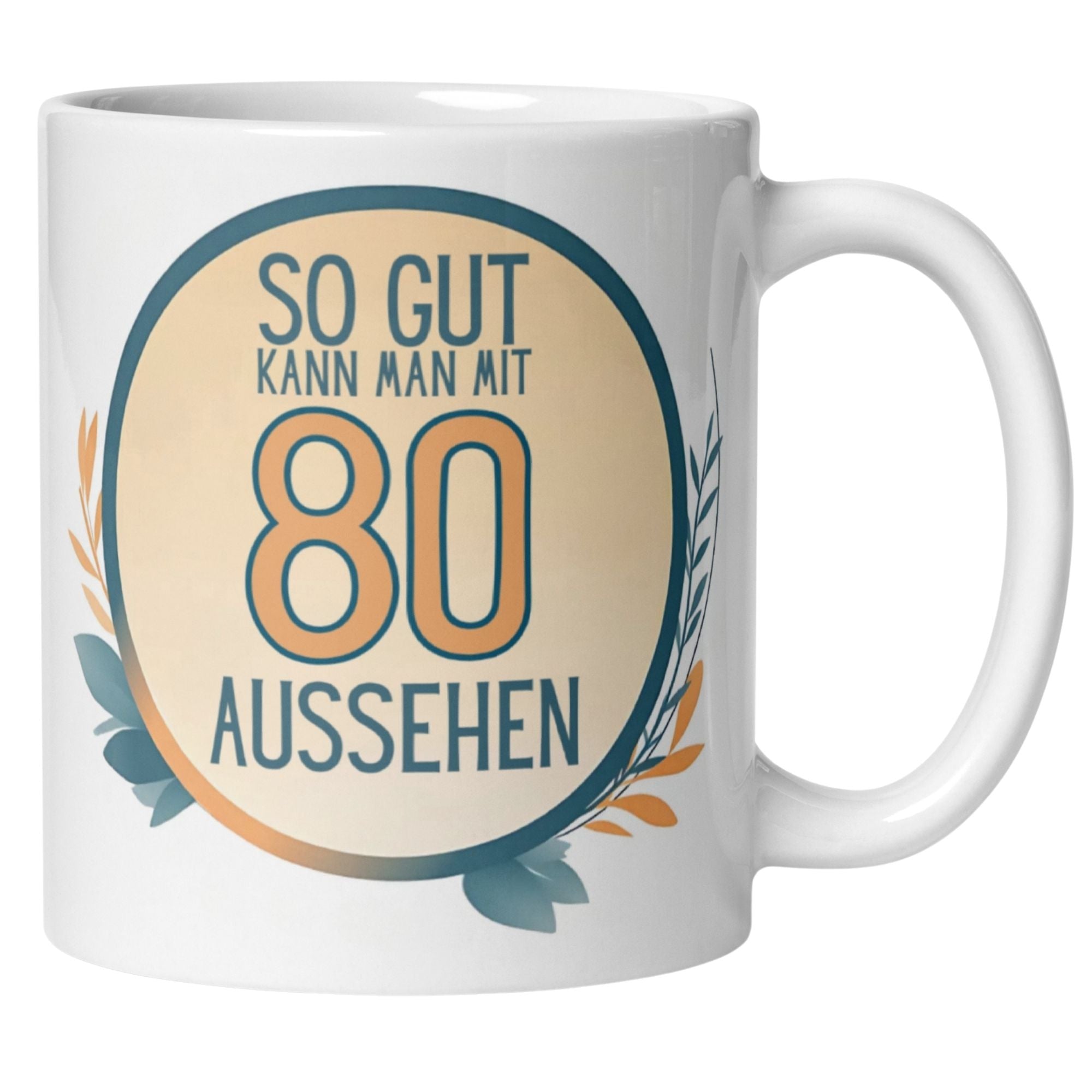 Tasse zum 80. Geburtstag mit dem Spruch "So gut kann man mit 80 aussehen" in humorvollem Design.
