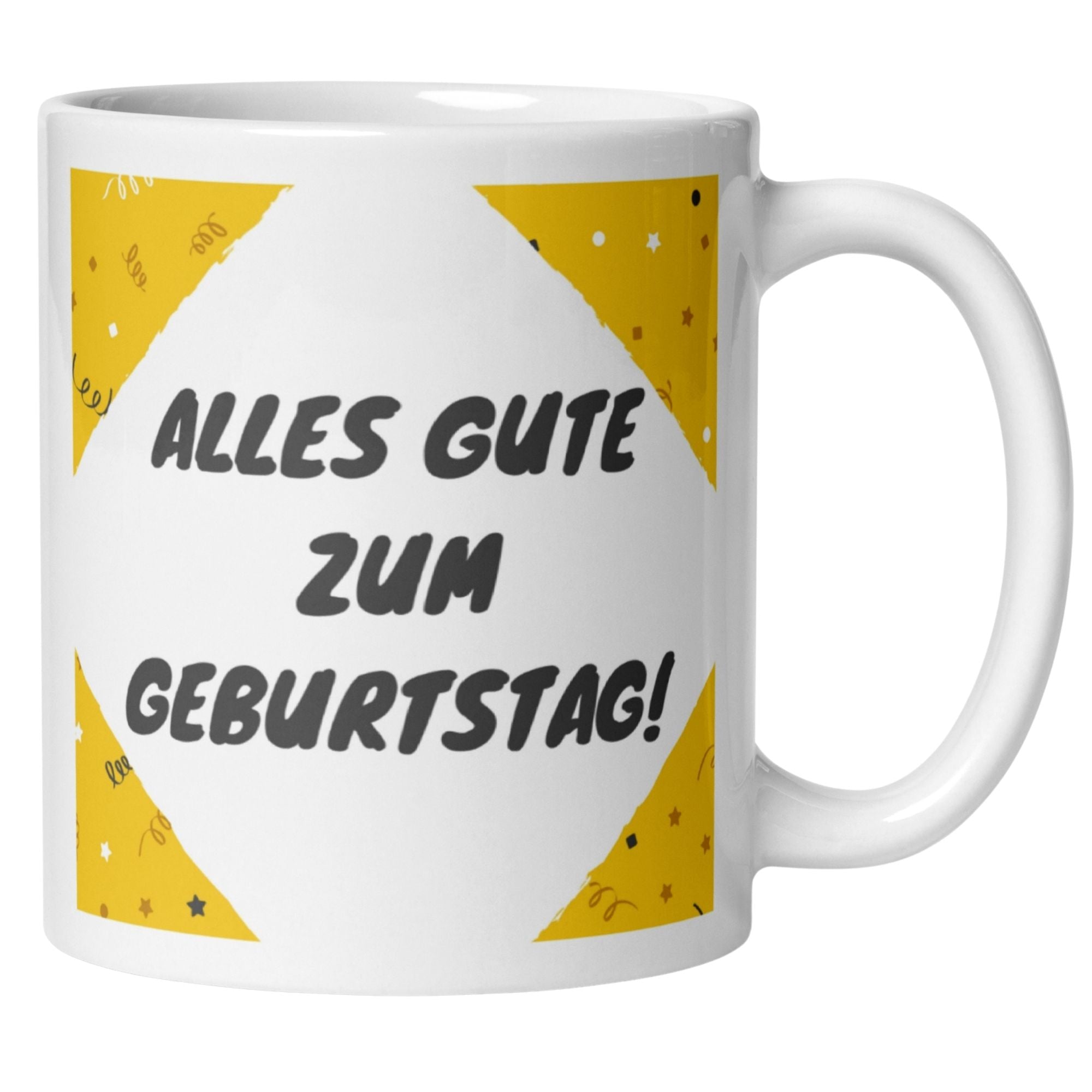 Momentals Tasse mit Aufschrift 'Alles Gute zum Geburtstag' und buntem Konfetti-Design, perfekt für jeden Geburtstagskaffee.