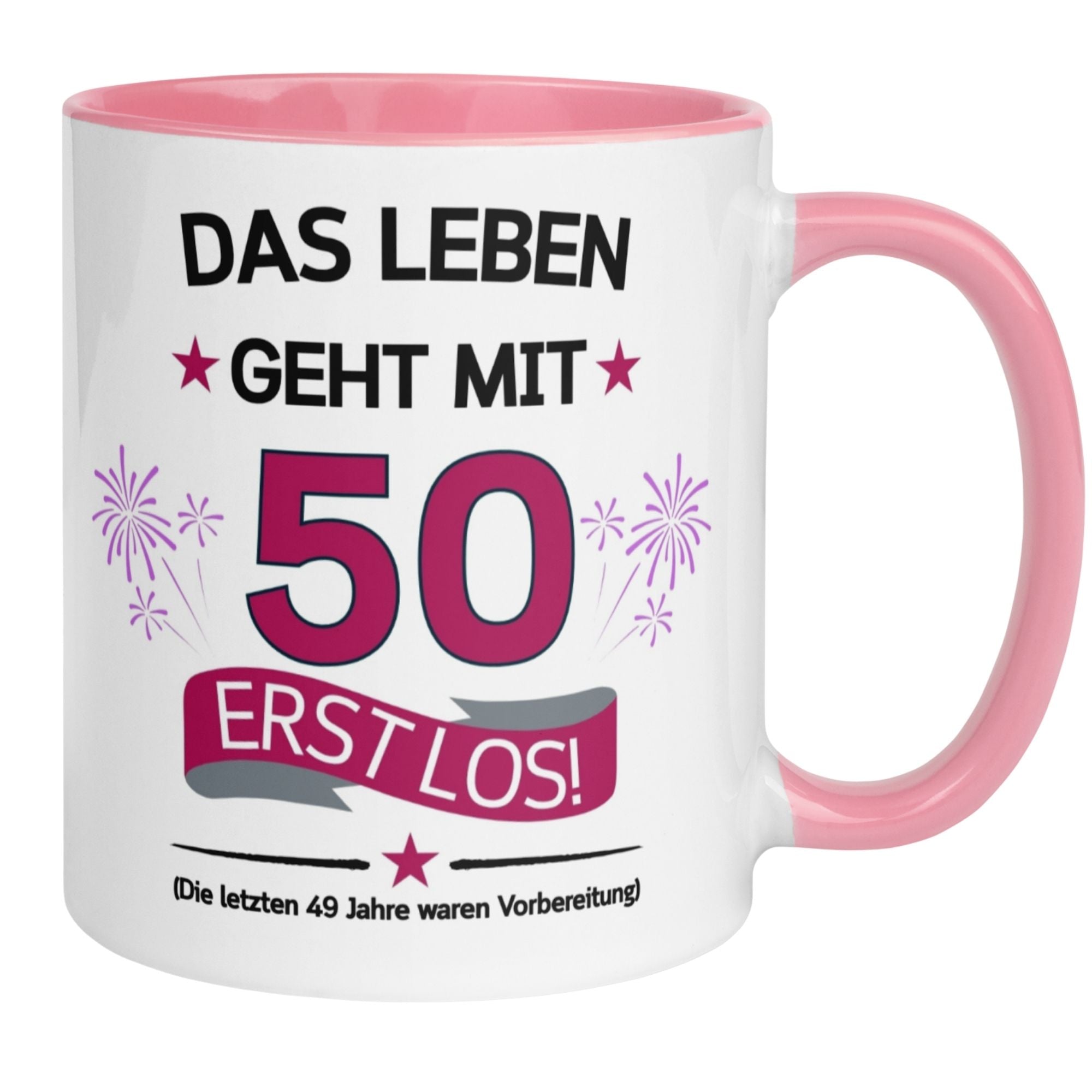 Momentals® 50th birthday mug featuring fireworks and the slogan 'Das Leben geht mit 50 erst los!'