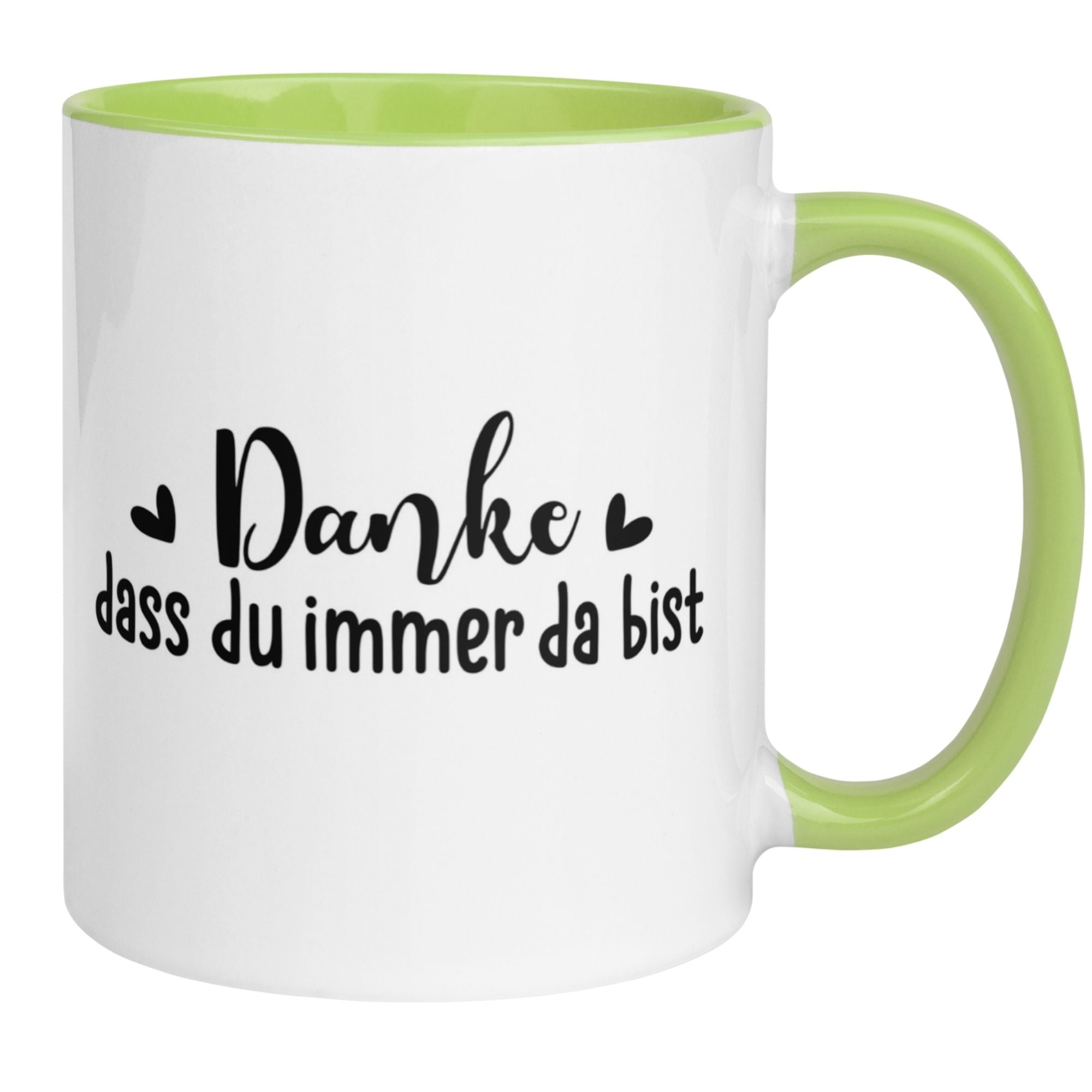 Momentals® Tasse in Weiß und Grün mit Spruch "Danke dass du immer da bist" für Wertschätzung und Freude.