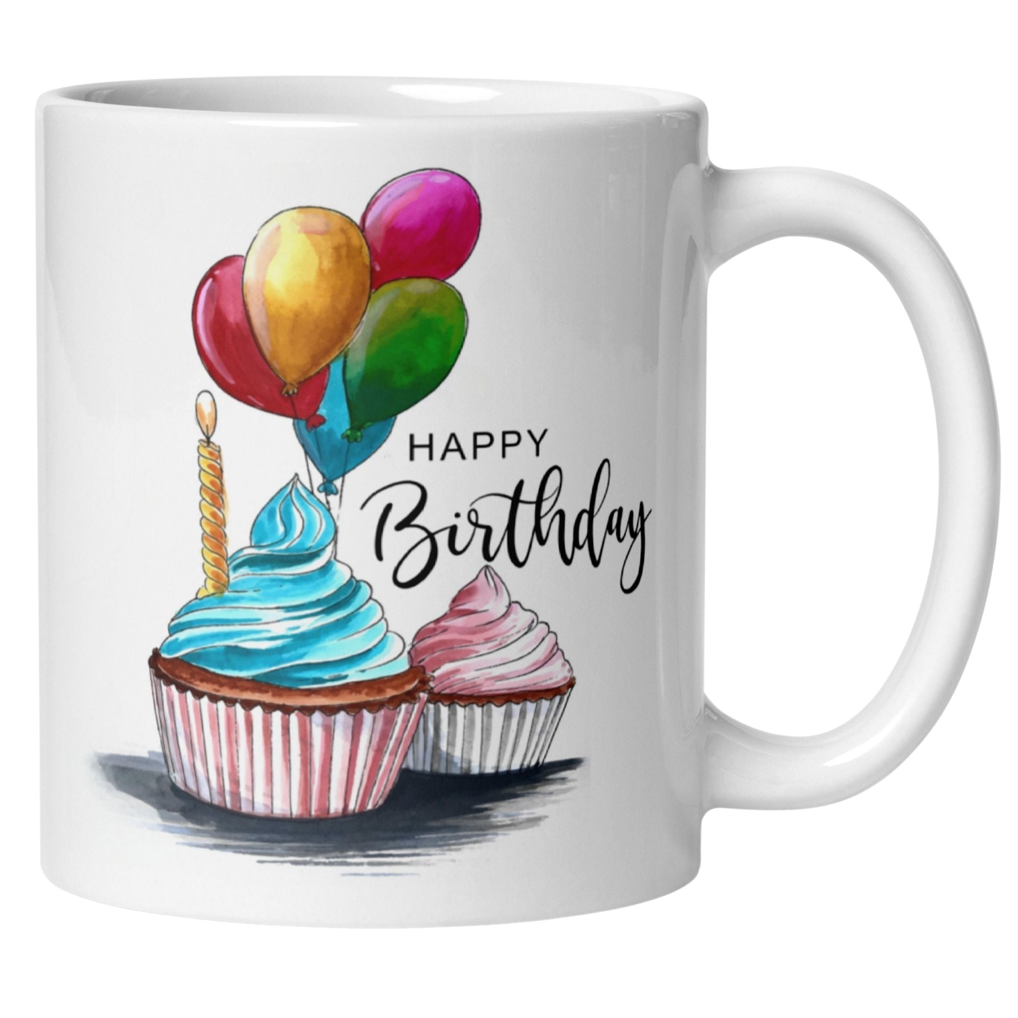 Momentals® birthday mug with colorful cupcakes, balloons, and a cheerful 'Happy Birthday' message.