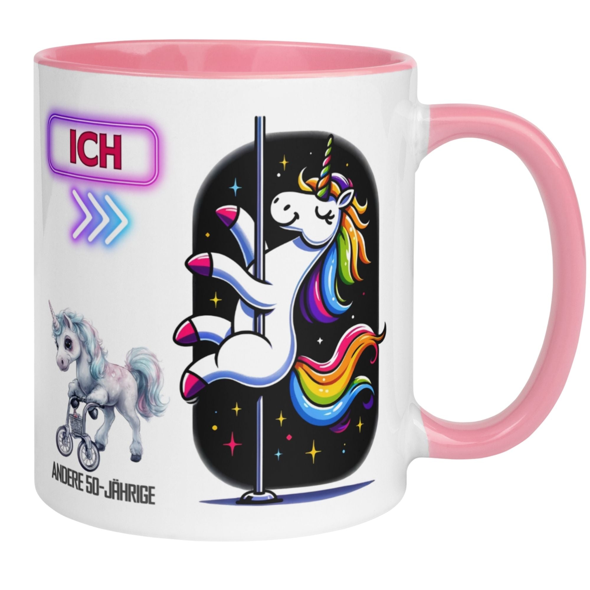 Bunte Geburtstagstasse mit Einhorn-Motiv für den 50. Geburtstag, ideal als Geschenk für Frauen.