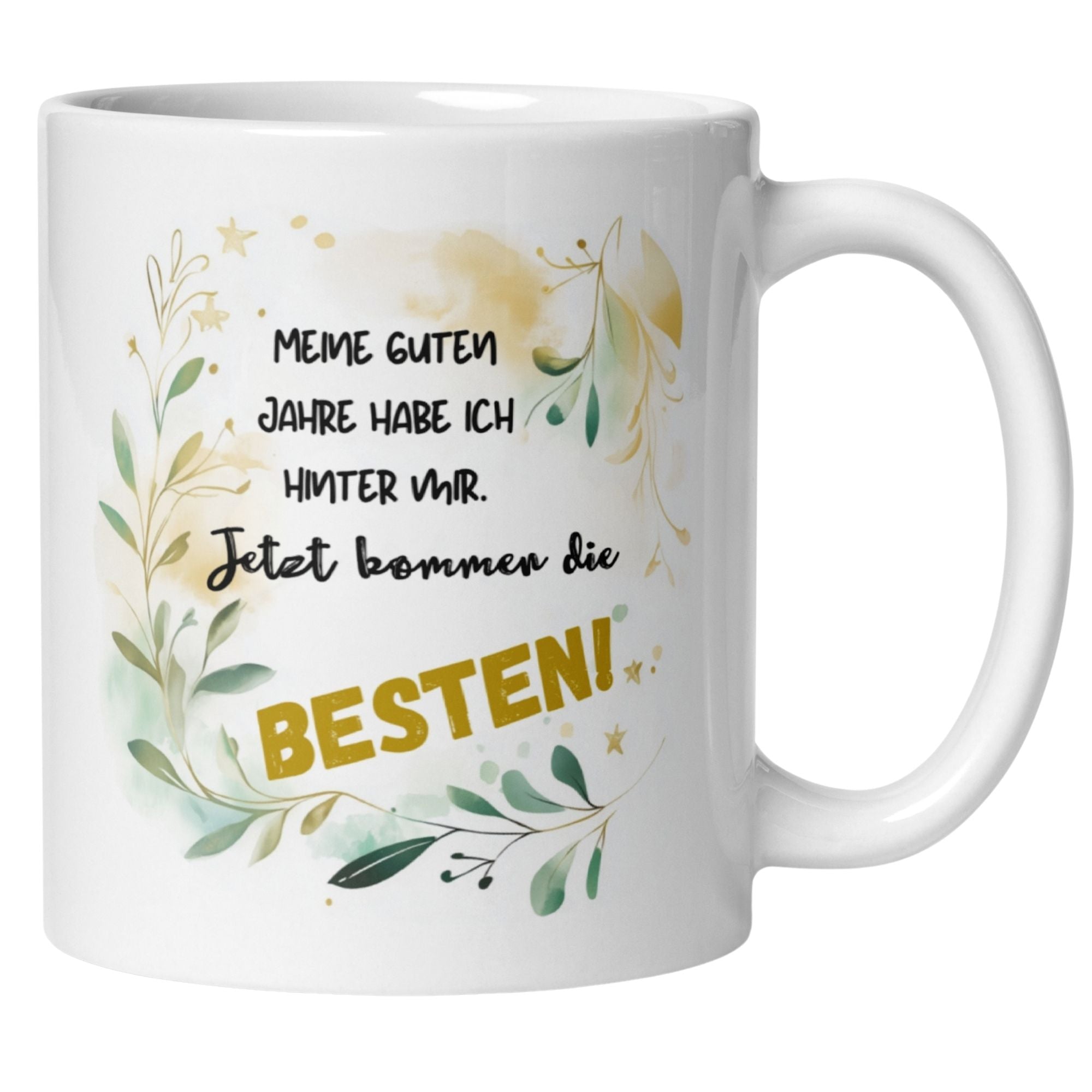 Momentals® Tasse mit motivierendem Spruch im Aquarellstil in Grün- und Goldtönen.