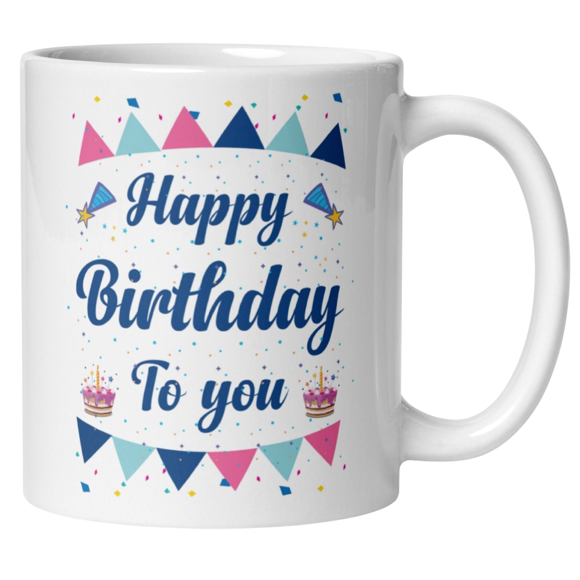 Happy Birthday mug with colorful bunting and festive design celebrating birthdays.