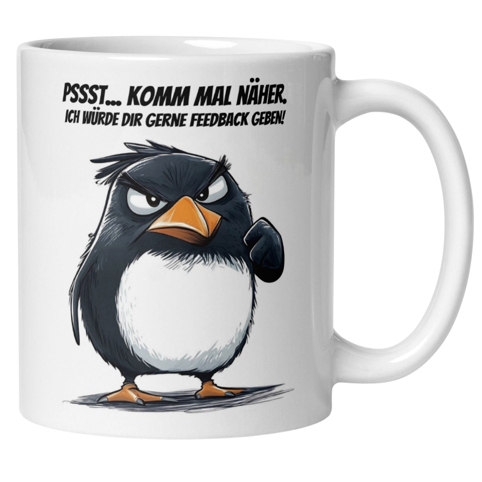 Momentals® Tasse Morgenmuffel | Pinguin & Spruch | Pssst – Ich würde dir gerne Feedback geben