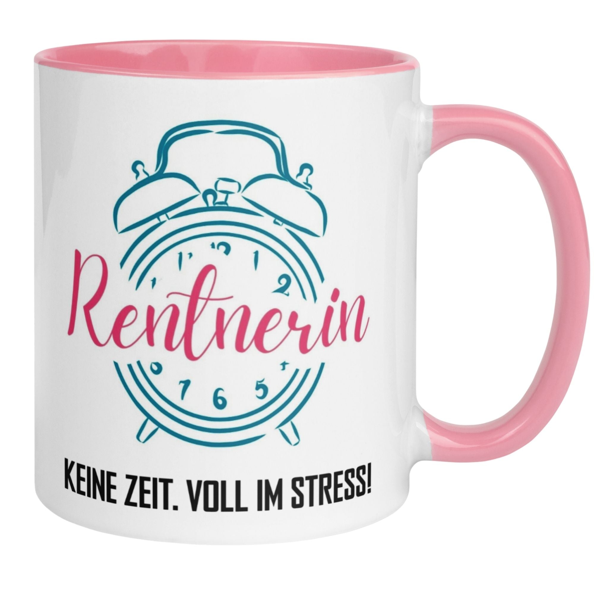 Momentals Tasse für Rentnerin mit Spruch „Keine Zeit. Voll im Stress!“ und Wecker-Motiv.