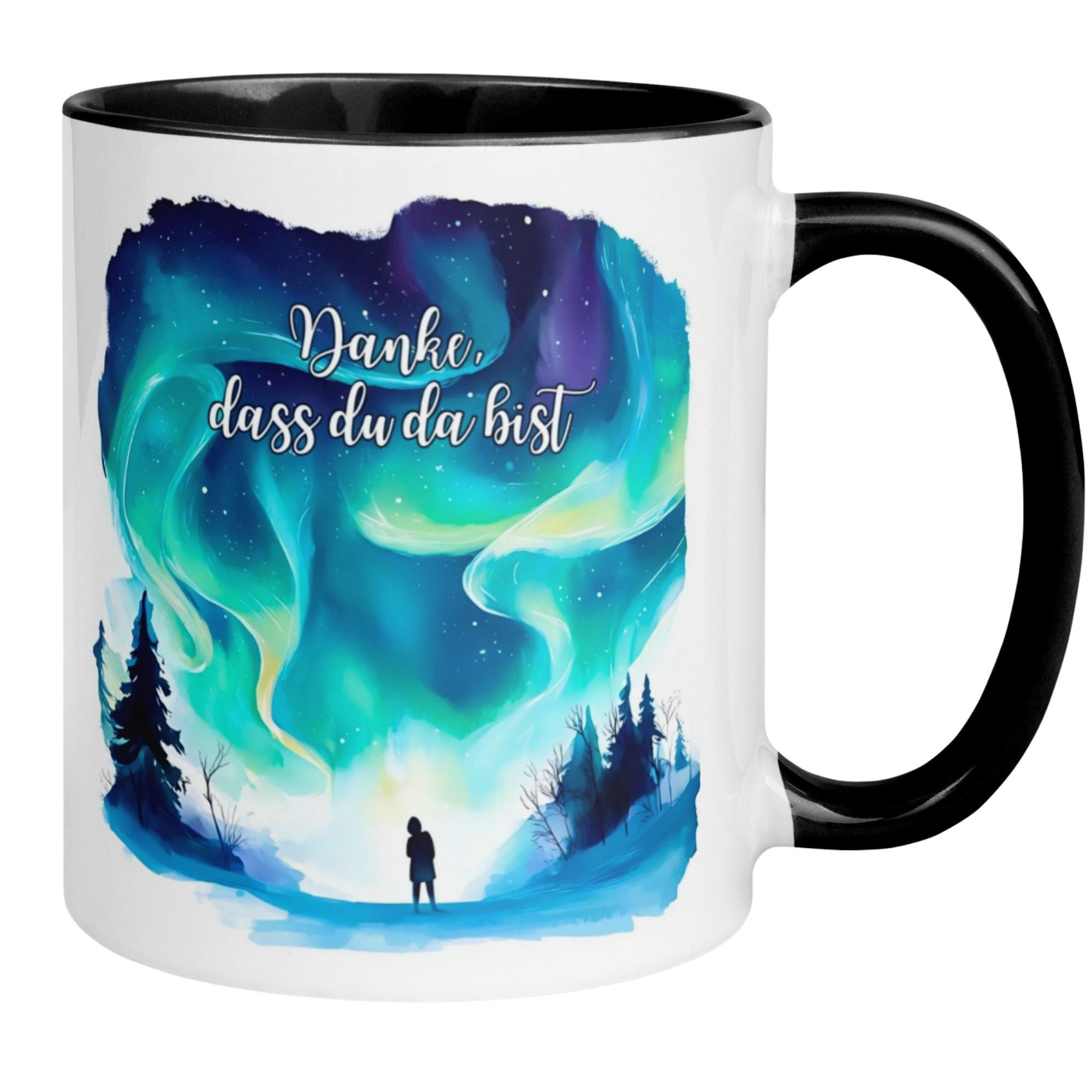 Momentals Tasse mit Nordlicht-Motiv, Aufschrift 'Danke dass du da bist', perfekt für Wertschätzung in Kaffeepausen.