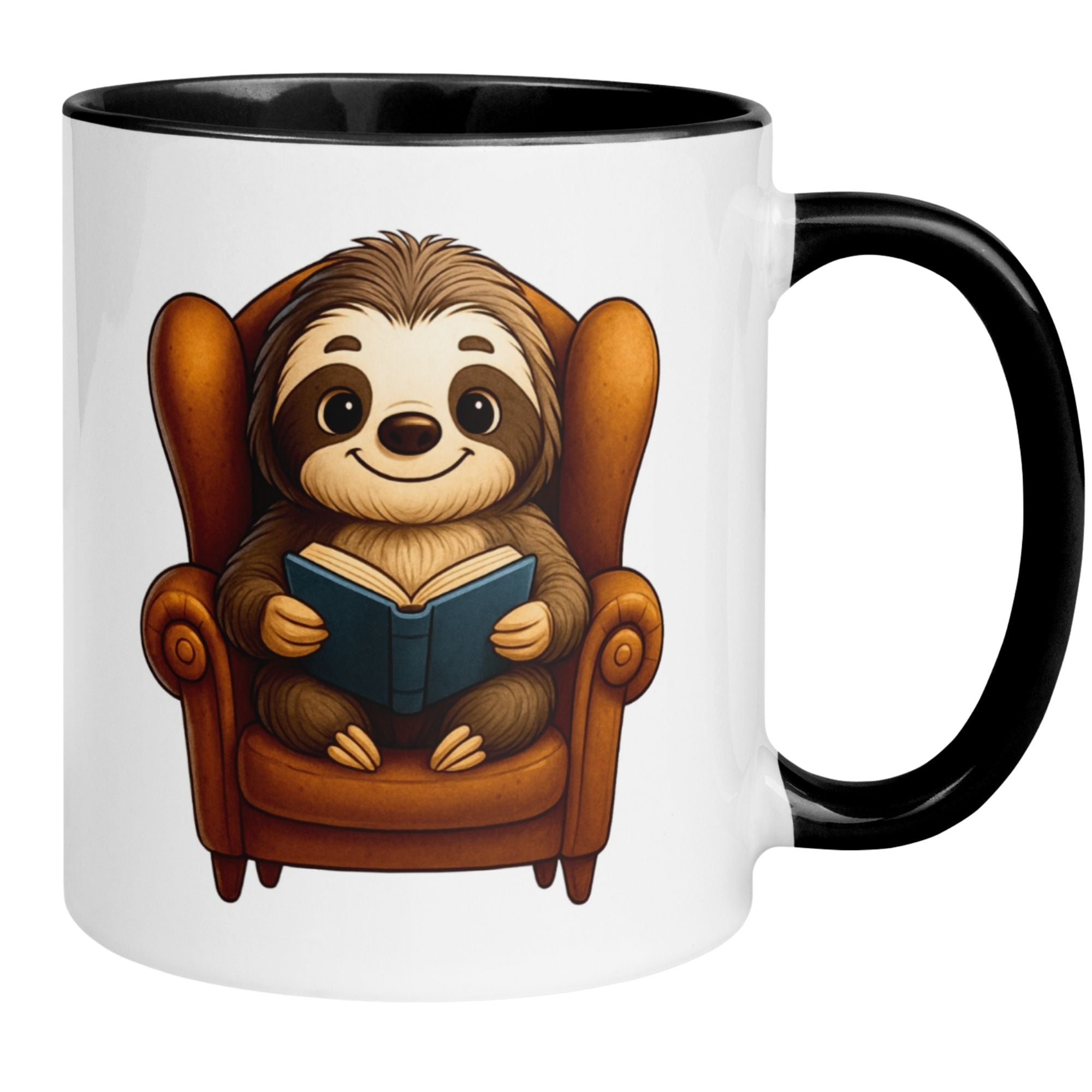 Cute sloth reading a book in a cozy armchair on a Momentals mug.