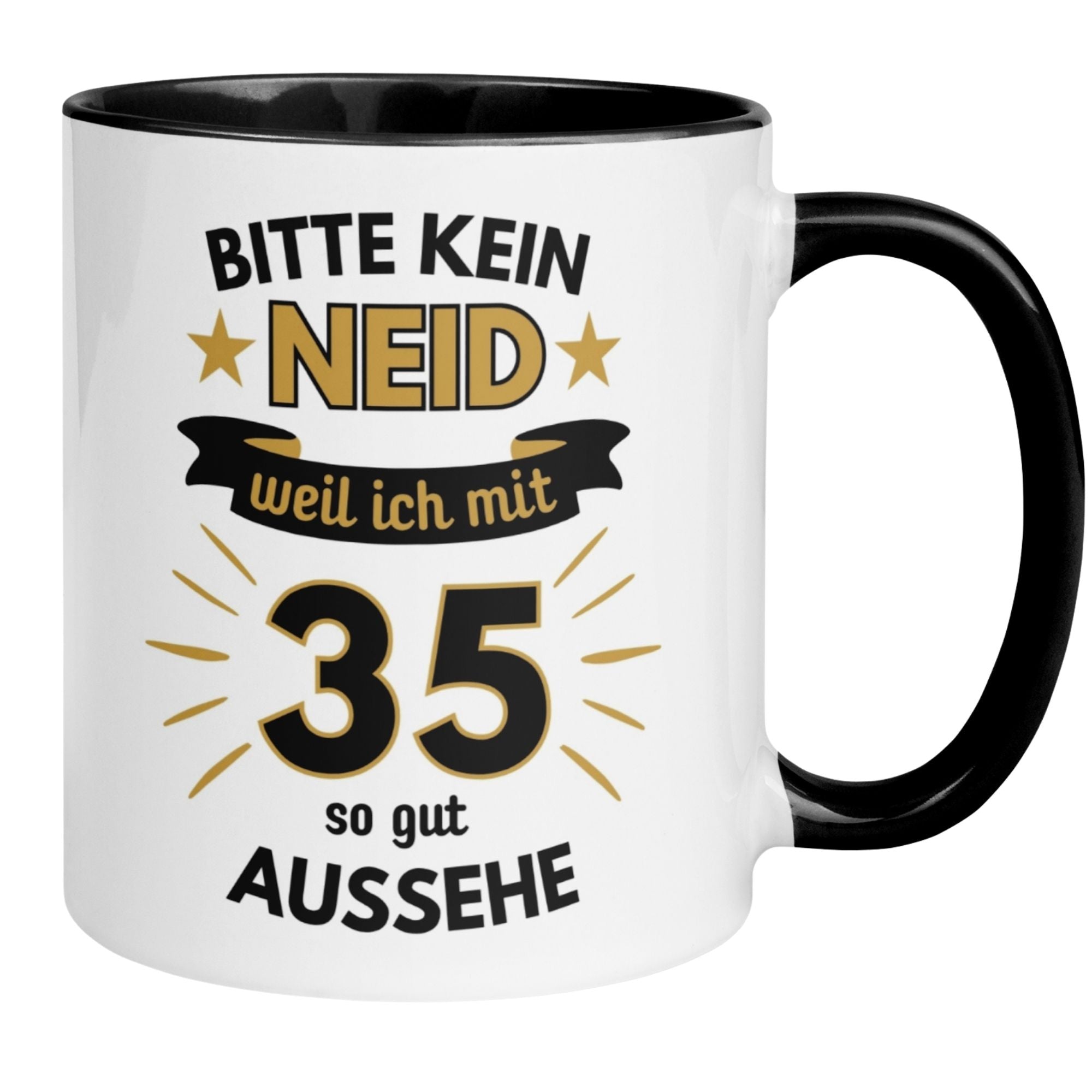 Humorous birthday mug for 35th birthday with the text: 'Bitte kein Neid – weil ich mit 35 so gut aussehe'