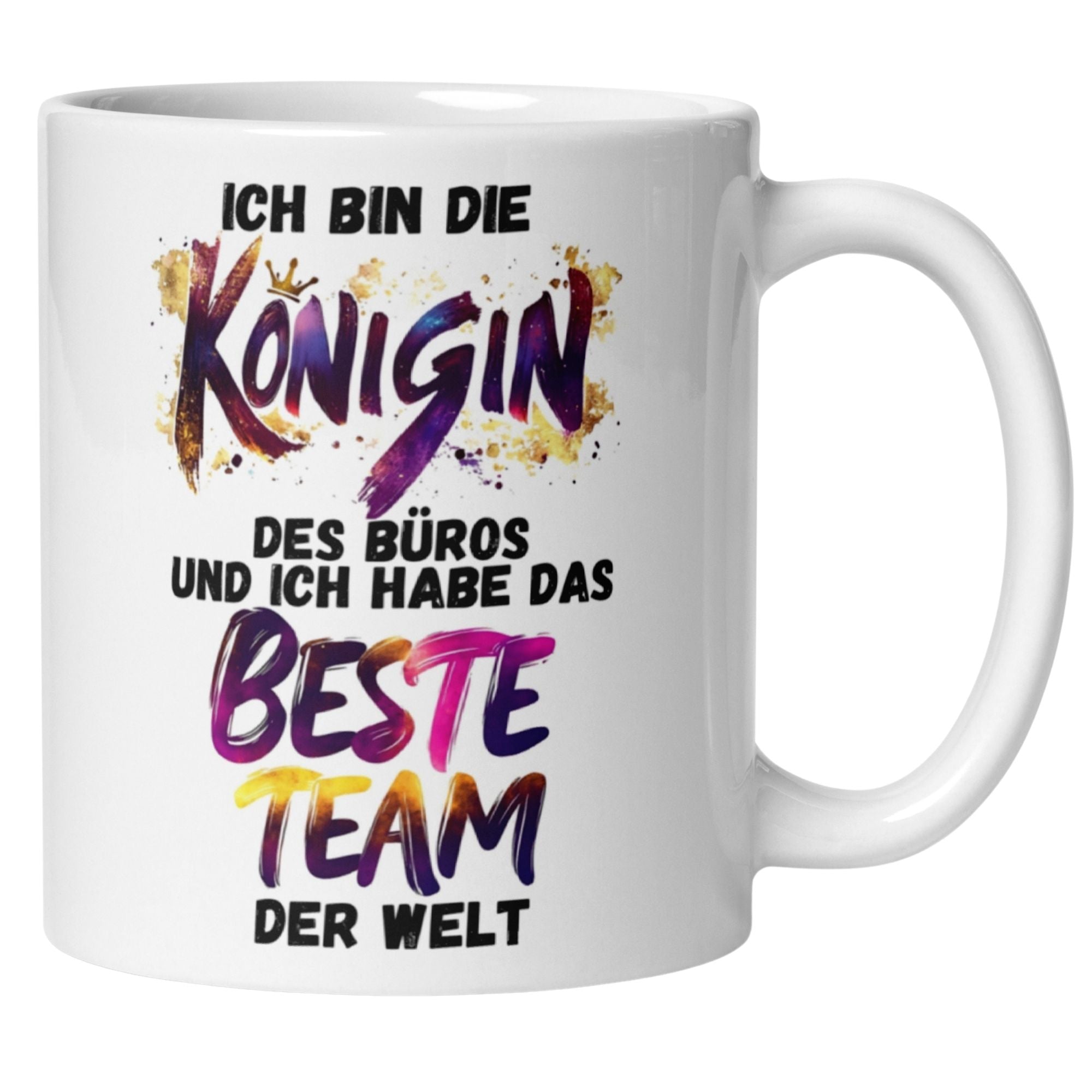 Momentals Tasse Chefin mit Spruch "Königin des Büros - bestes Team der Welt" in bunten Farben.