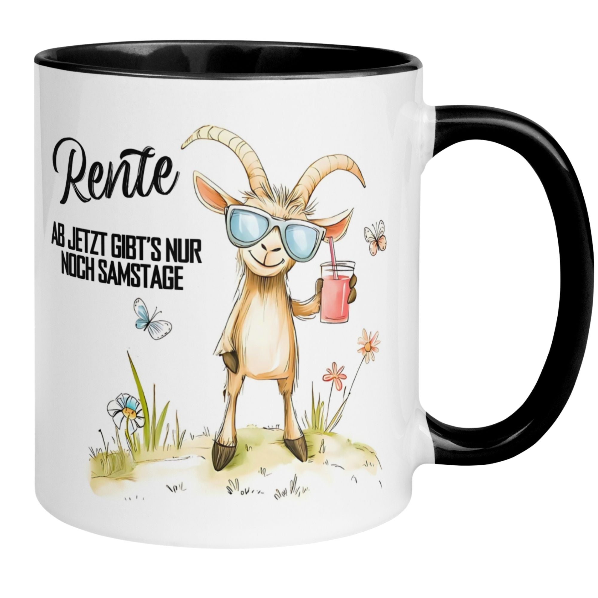 Momentals Tasse mit Ziege und Spruch "Rente – Ab jetzt gibt's nur noch Samstage" für den Ruhestand.