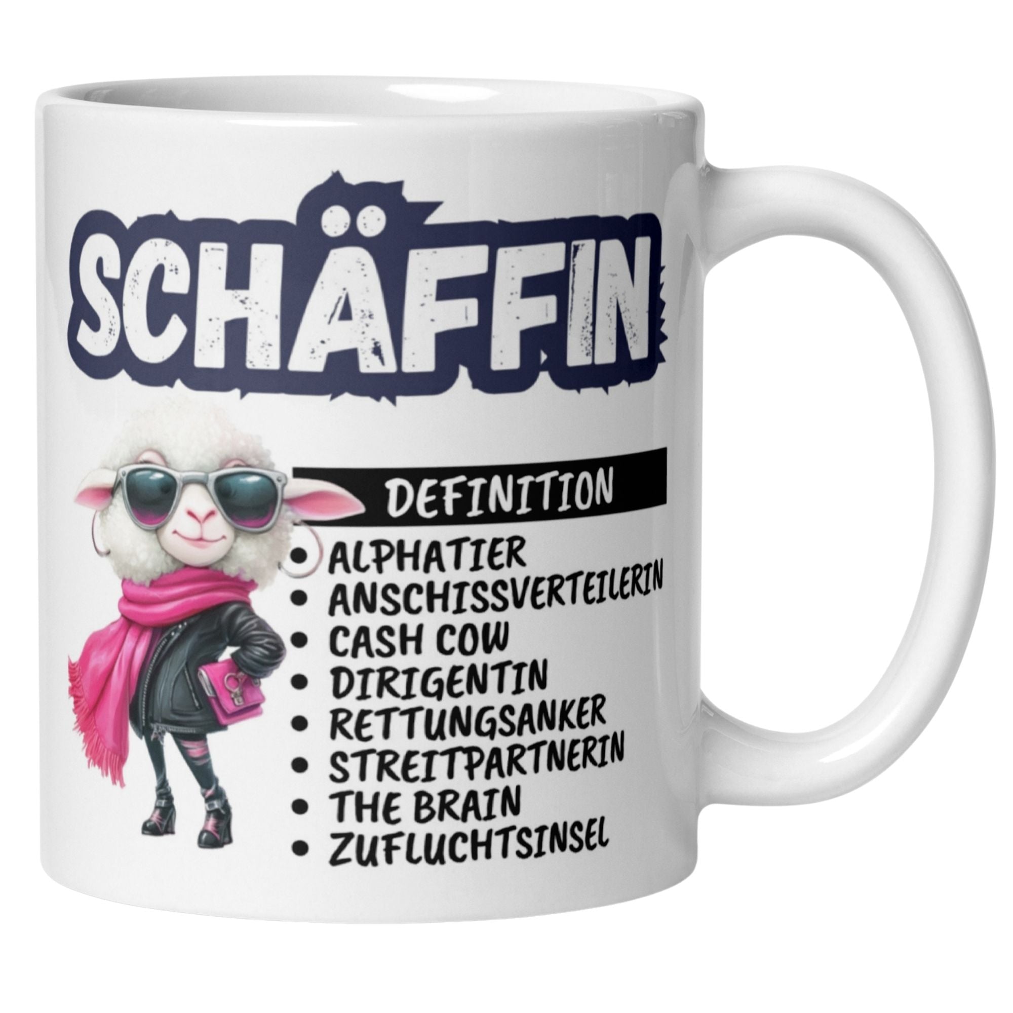 Momentals Tasse Chefin mit Schaf und Definitionen, humorvolles Geschenk für Teamleiterinnen.