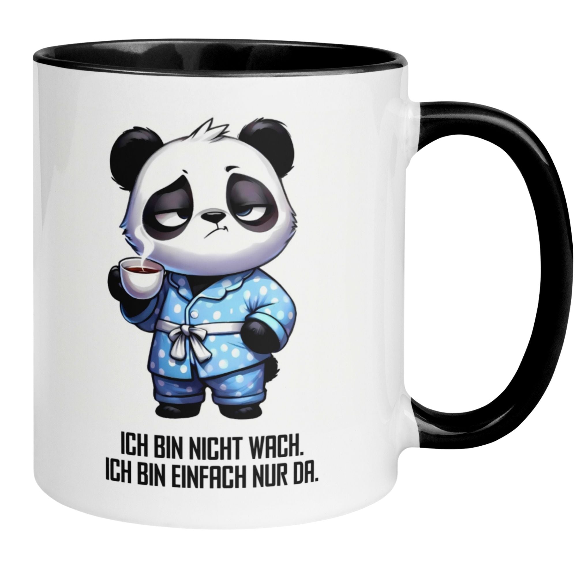 Momentals® Tasse mit Panda-Motiv und Spruch "Ich bin nicht wach - Ich bin nur da" in stylischem Design.