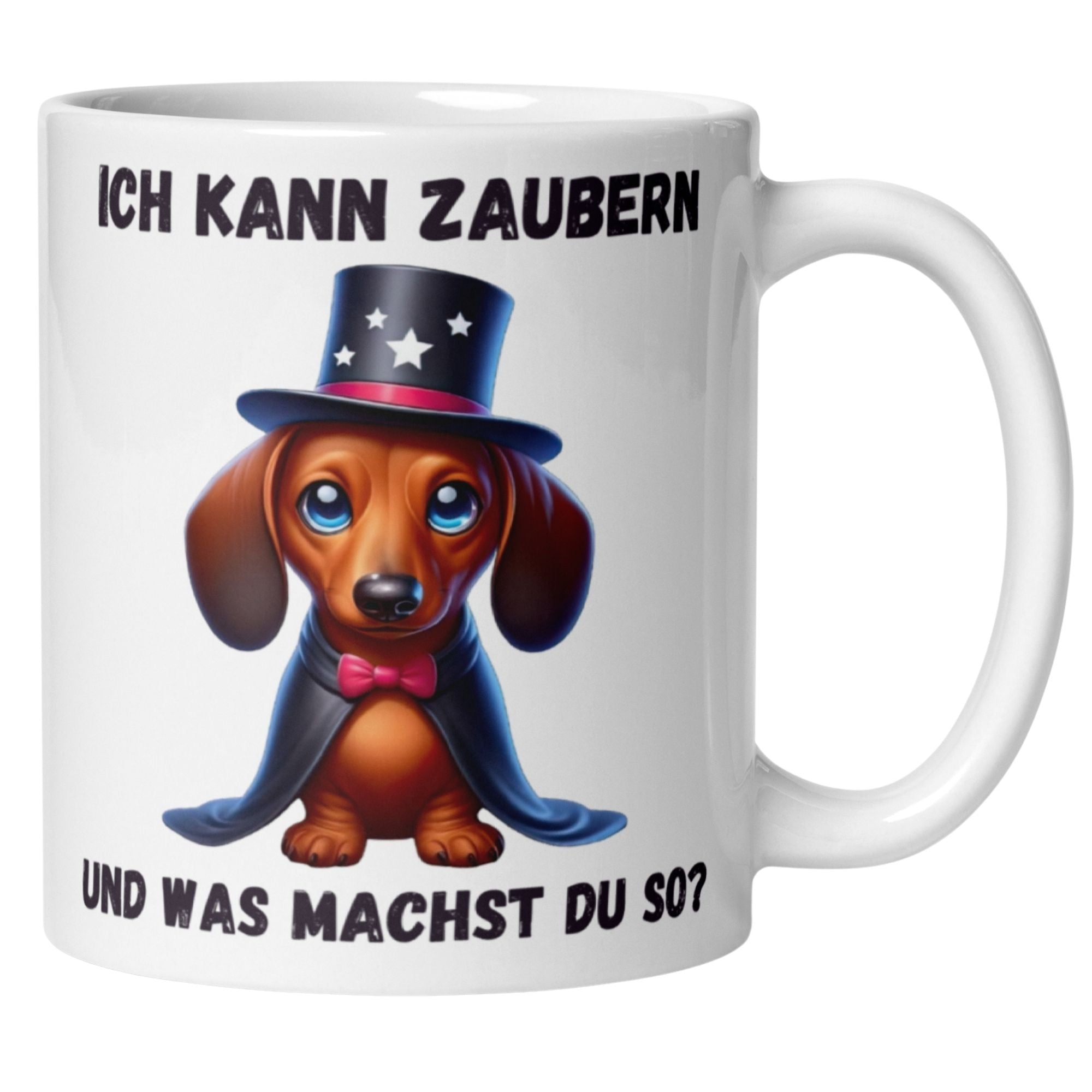 Dackel Tasse mit Zauberhut und Spruch "Ich kann zaubern, und was machst du so?" für Magie-Fans.