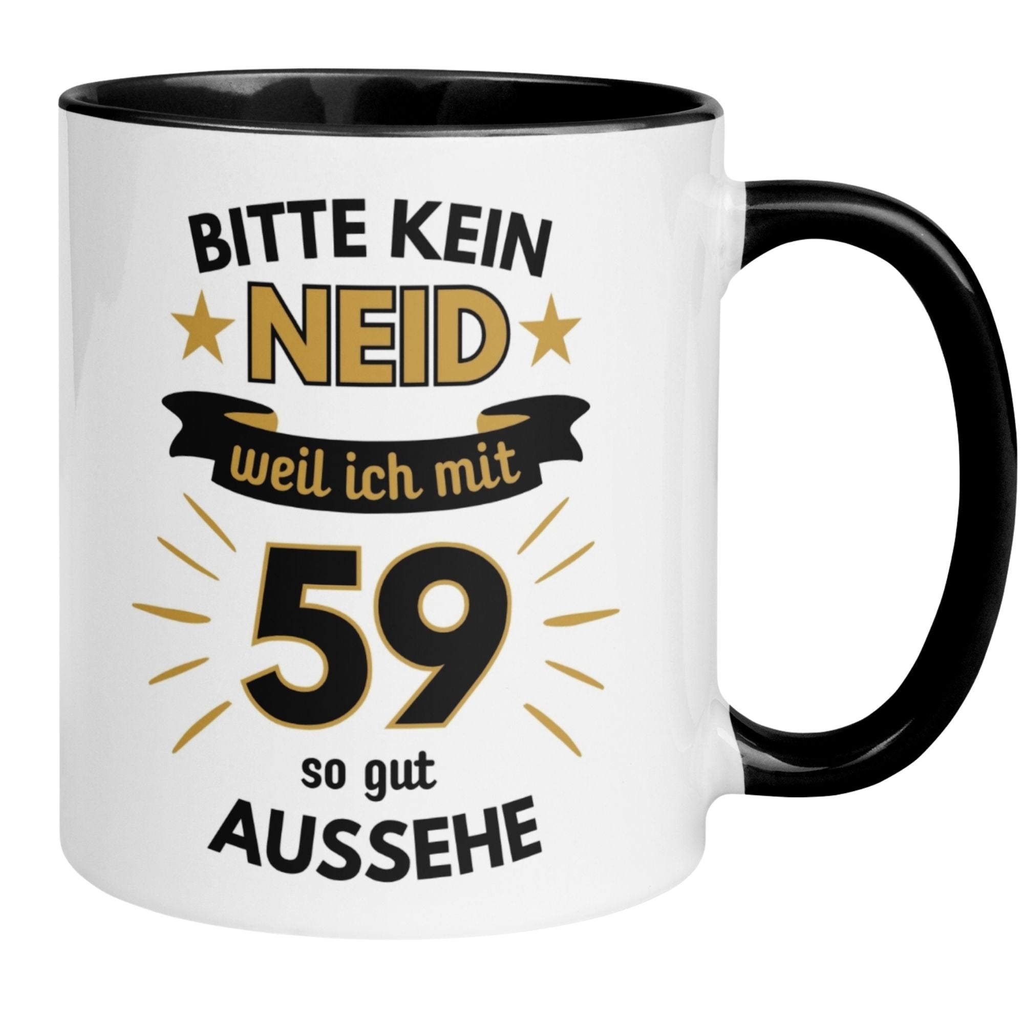 Momentals® Tasse zum 59. Geburtstag mit humorvollem Spruch "Bitte kein Neid, weil ich so gut aussehe".