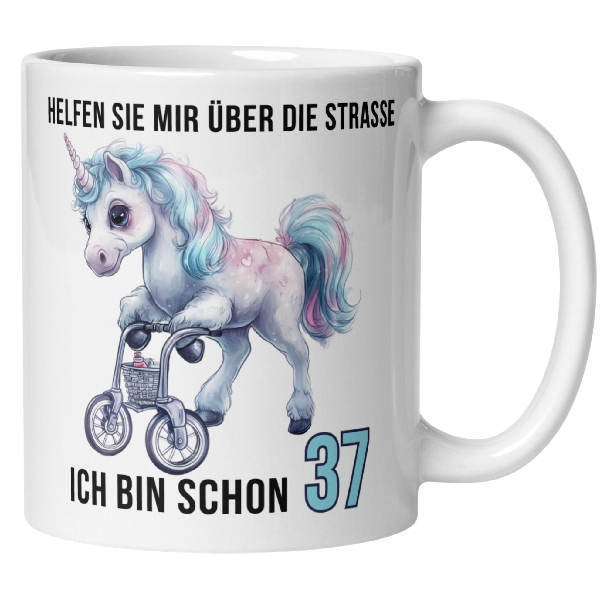 Humorous coffee mug for 37th birthday featuring a cute unicorn with walker and funny German text.