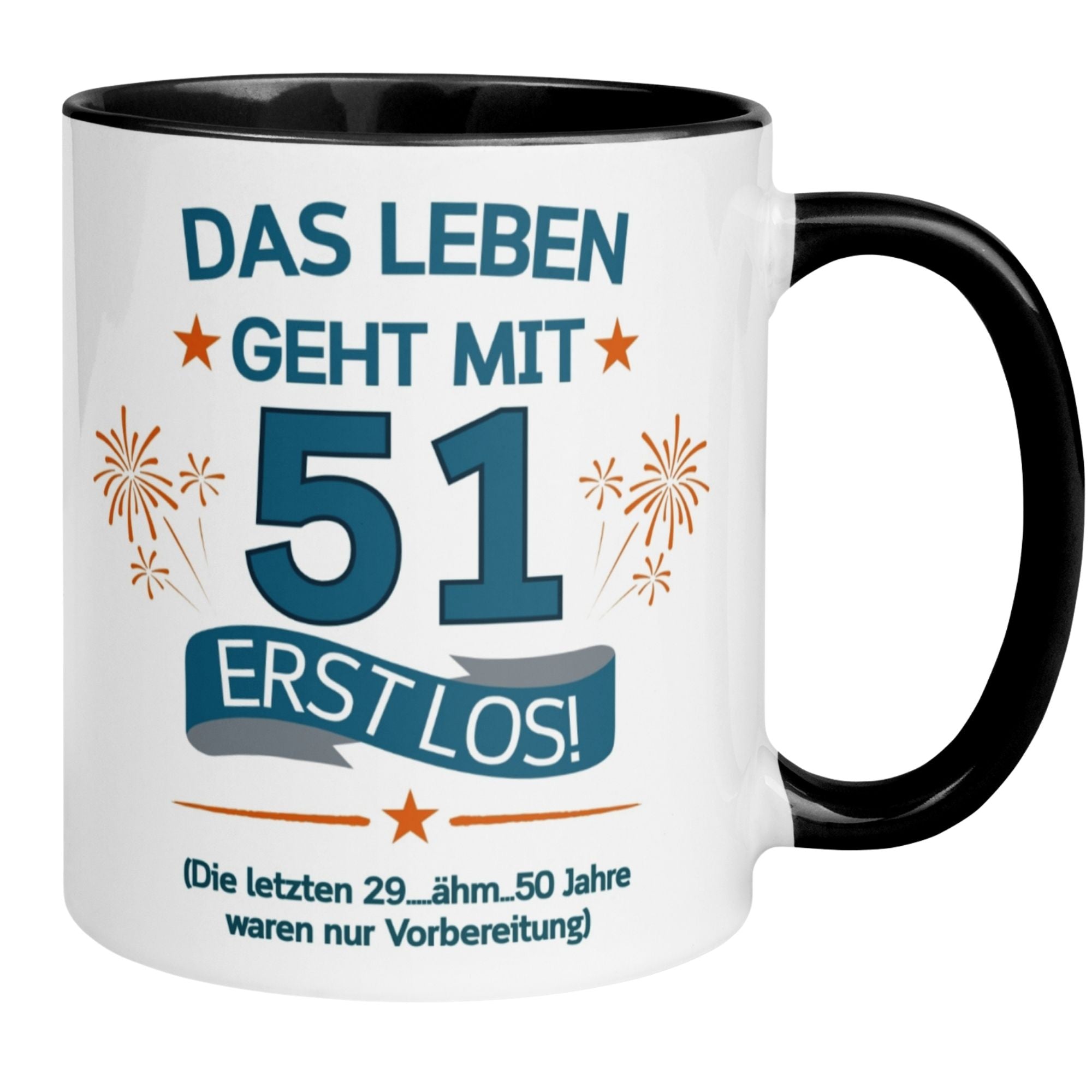 Momentals® 51. Geburtstag Tasse mit humorvollem Spruch "Das Leben geht mit 51 erst los!" und Feuerwerk-Motiv.