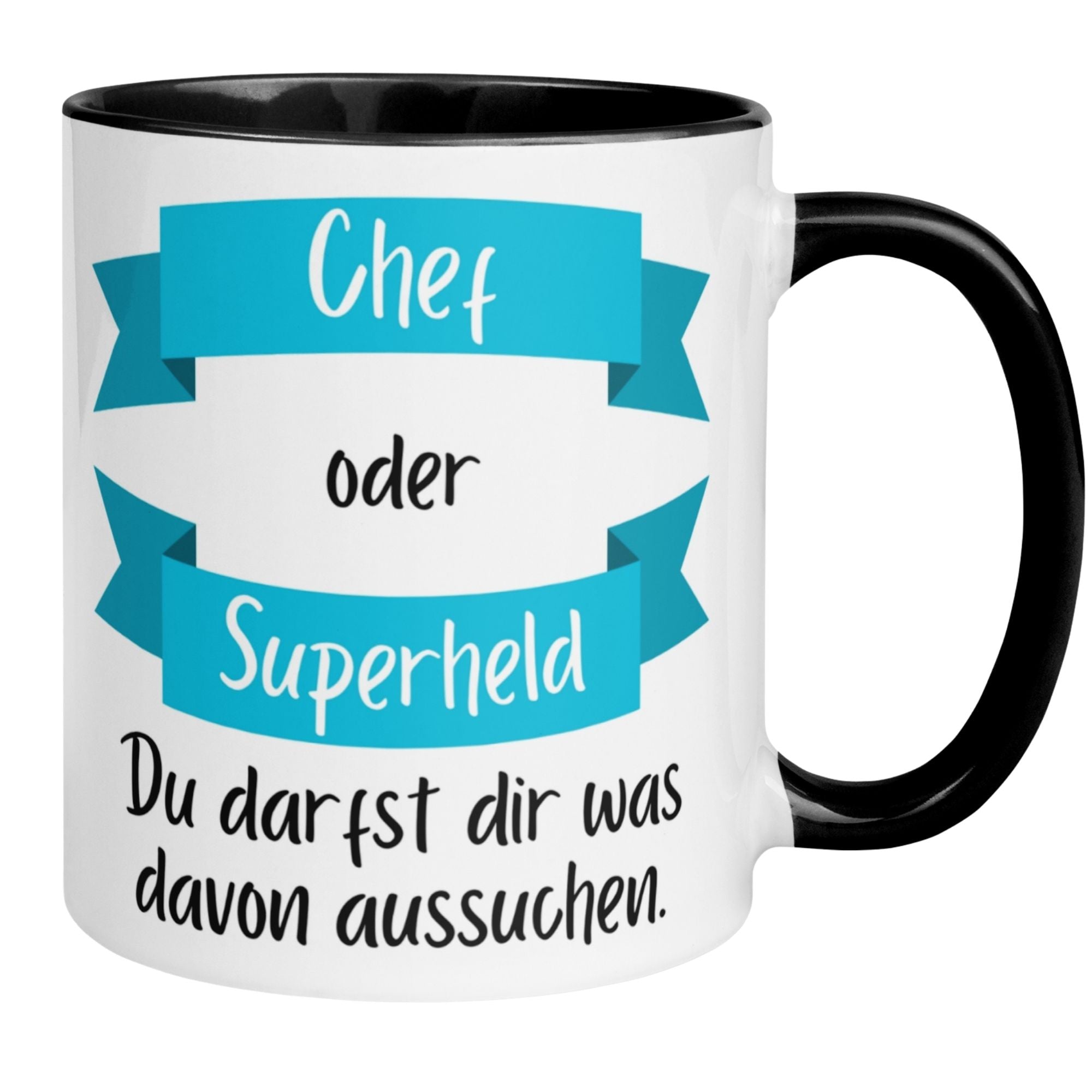 Momentals Tasse Chef: humorvolles Design mit Spruch "Chef oder Superheld" für Abschiedsgeschenke.