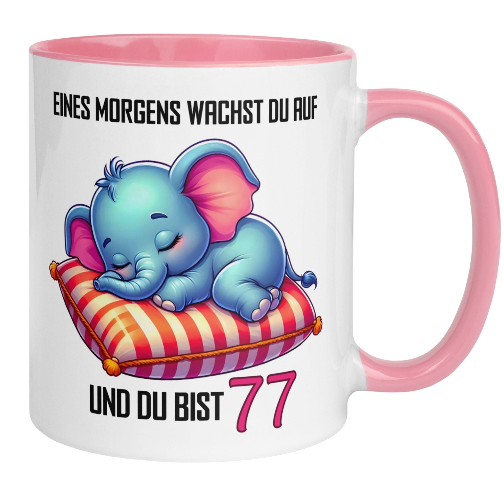 Momentals® Tasse zum 77. Geburtstag mit süßem schlafendem Elefanten und fröhlichem Spruch.