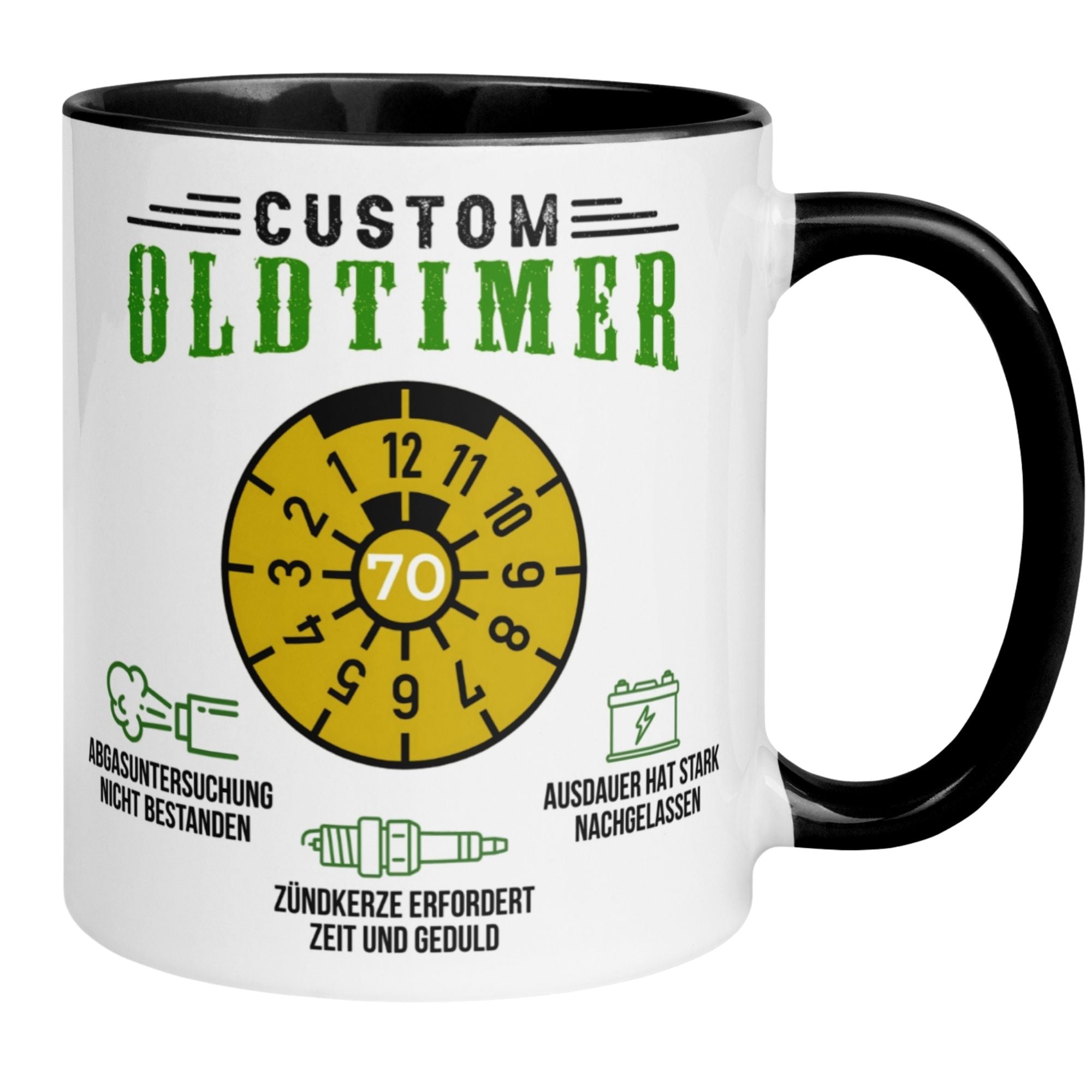 Momentals® 70th birthday mug for men with humorous oldtimer design and motivational quote.