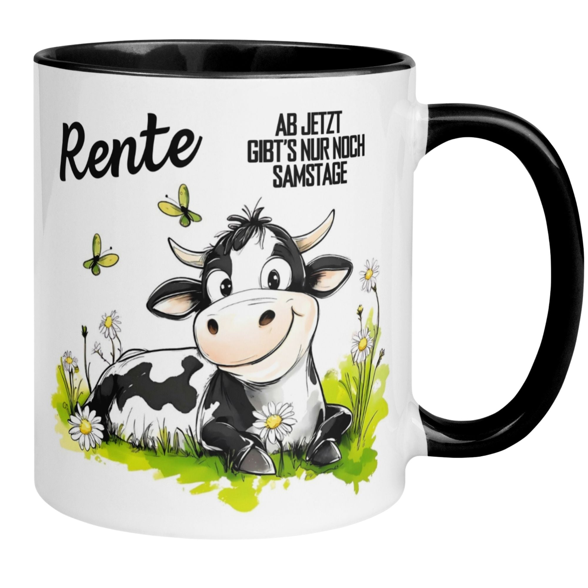 Charming cow mug celebrating retirement with the text 'Rente - Ab jetzt gibt's nur noch Samstage' and floral design.