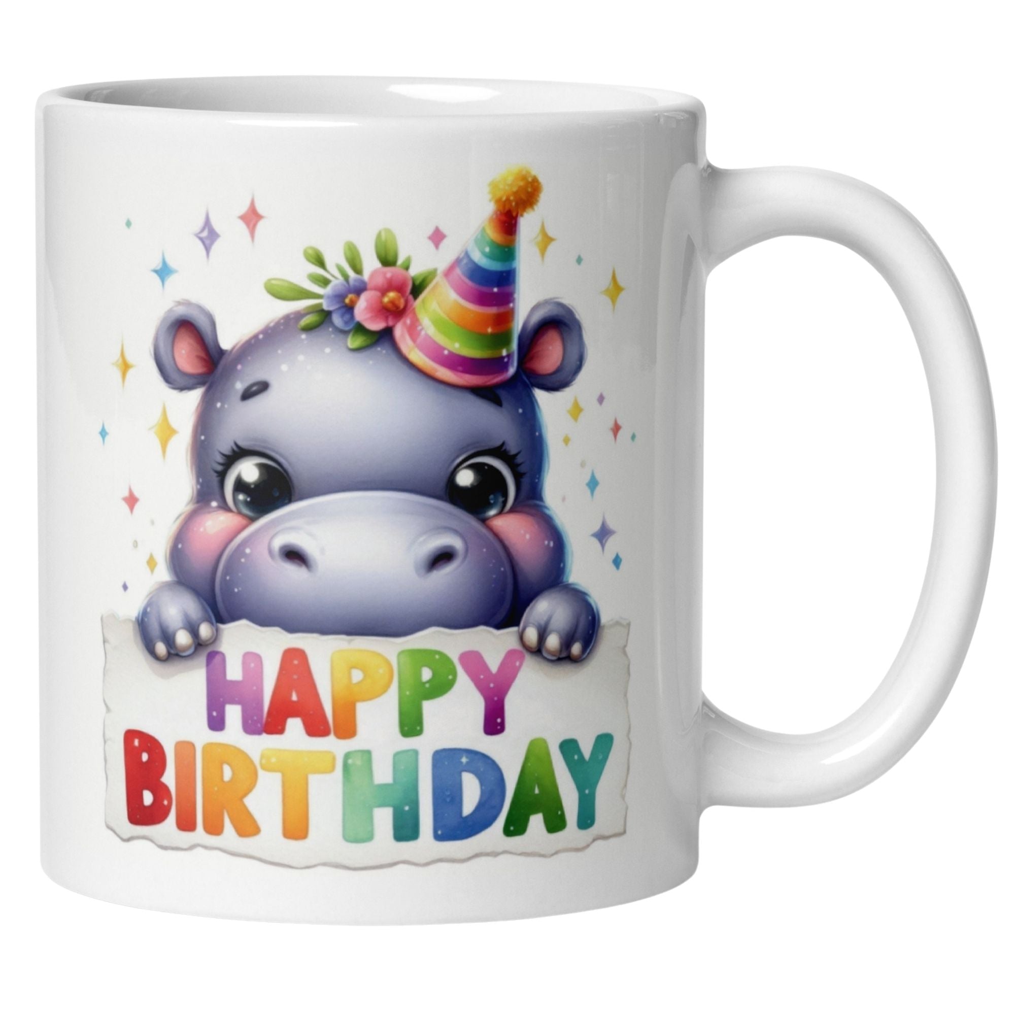 Bunte Geburtstagstasse mit Nilpferd im Partyhut und fröhlicher "Happy Birthday" Botschaft.
