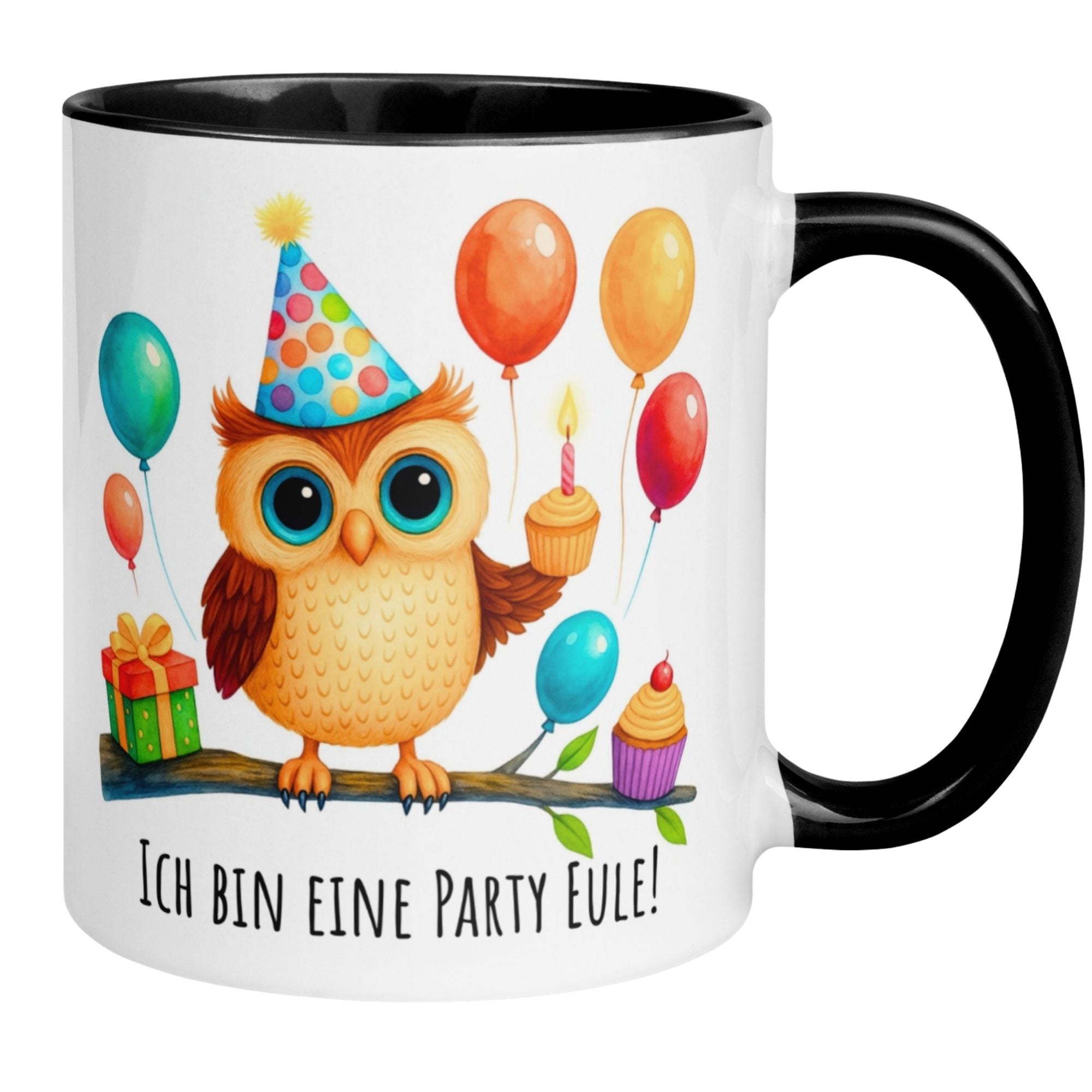 Bunte Momentals Tasse mit einer feiernden Eule, Luftballons und Cupcake, ideal als Geburtstagsgeschenk.