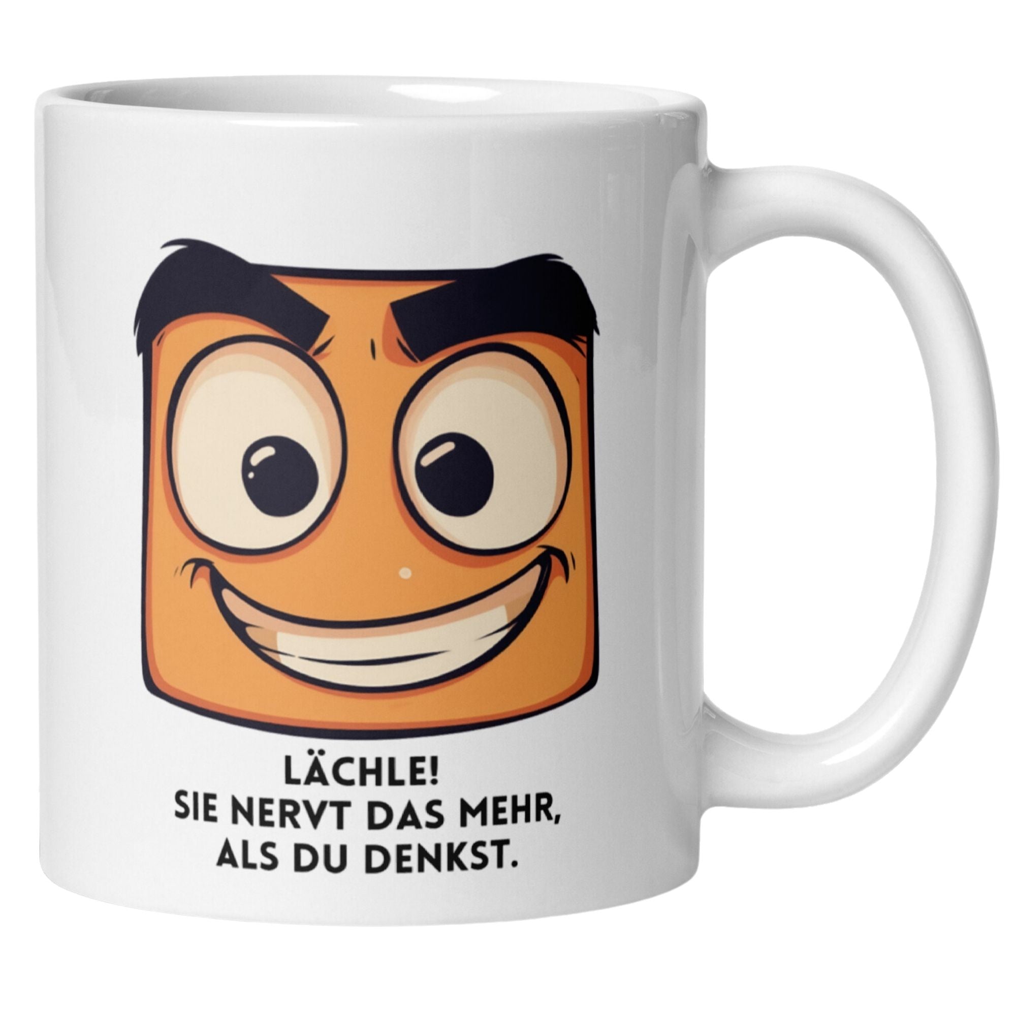 Humorous Smiley Mug with the phrase 'Lächle! Sie nervt das mehr, als du denkst' for a fun coffee break.