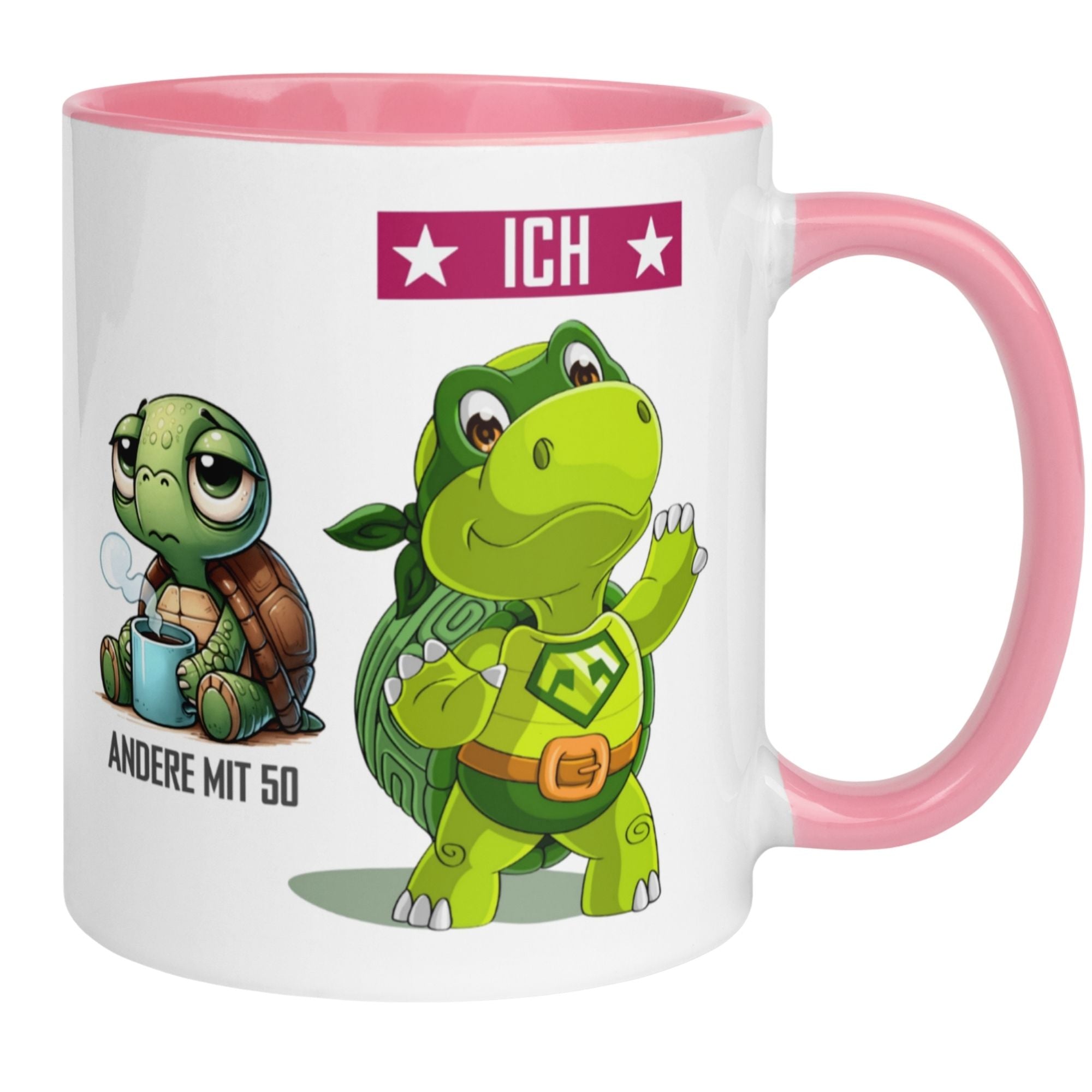 Momentals® Tasse zum 50. Geburtstag mit lustigem Schildkröten-Motiv und Spruch "Andere mit 50 und Ich".