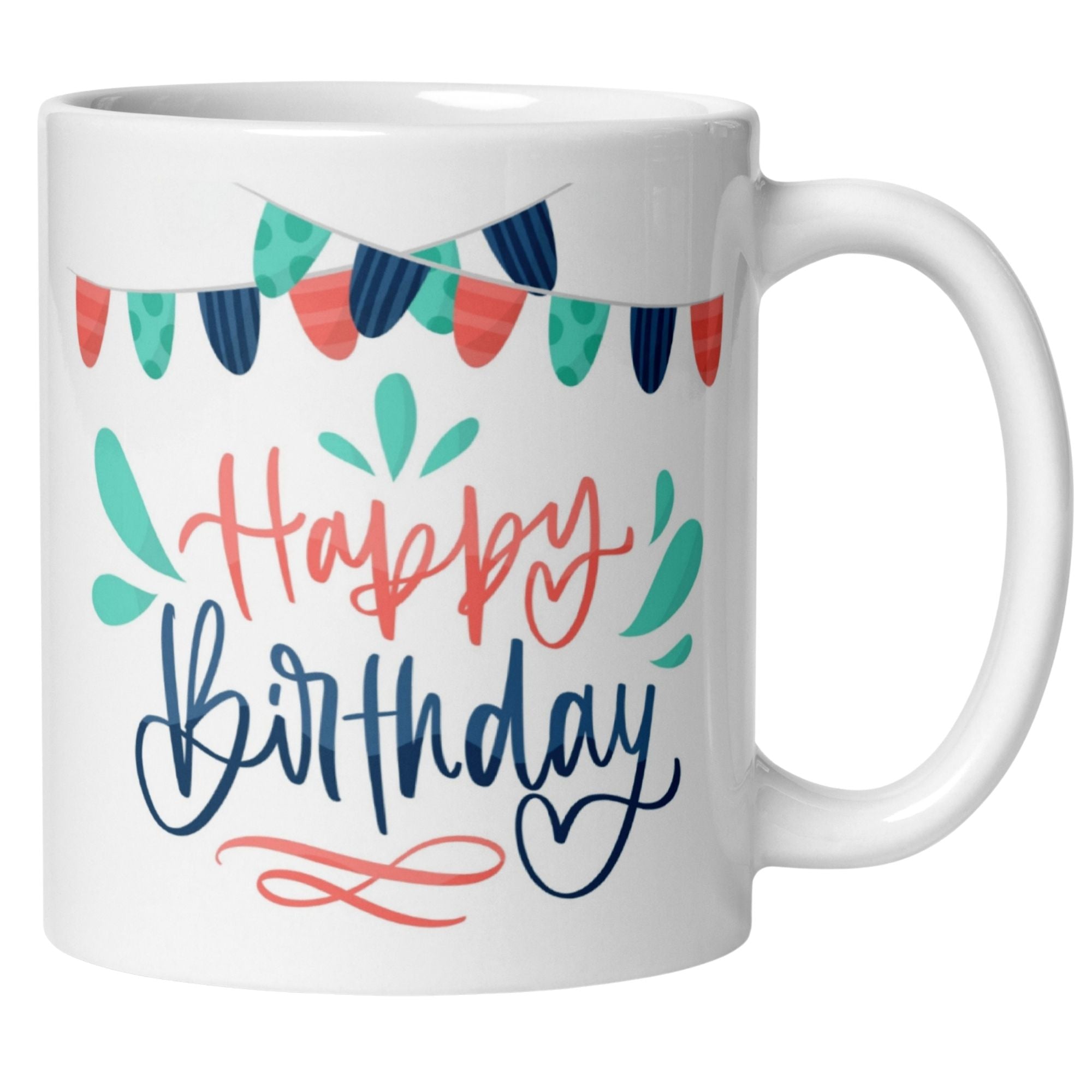 Fröhliche Tasse mit Girlande und Schriftzug 'Happy Birthday' für lebendige Geburtstagsfeiern.