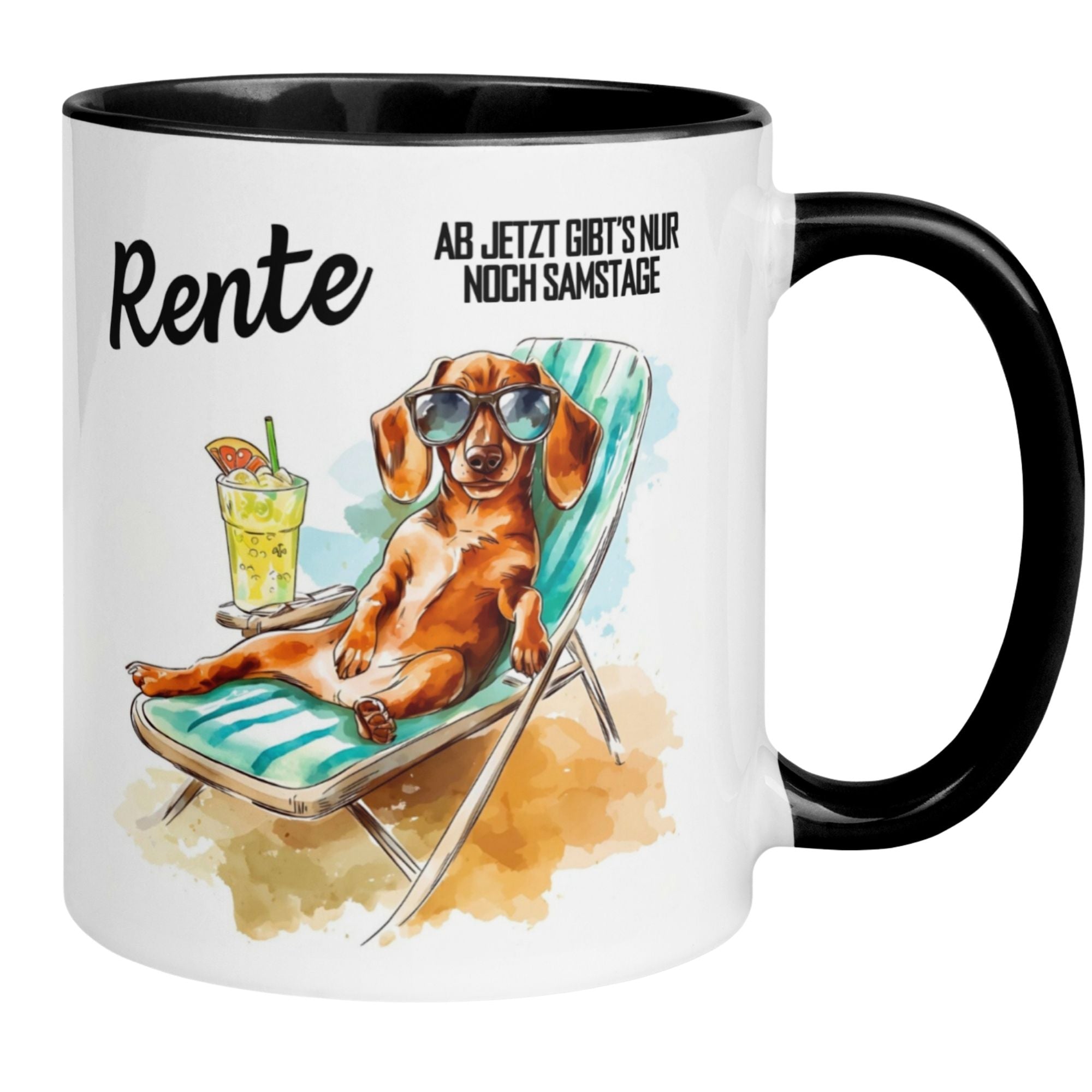 Momentals Tasse mit Dackel in Sonnenliege und Getränk, Spruch über Rente, ideal als Geschenk