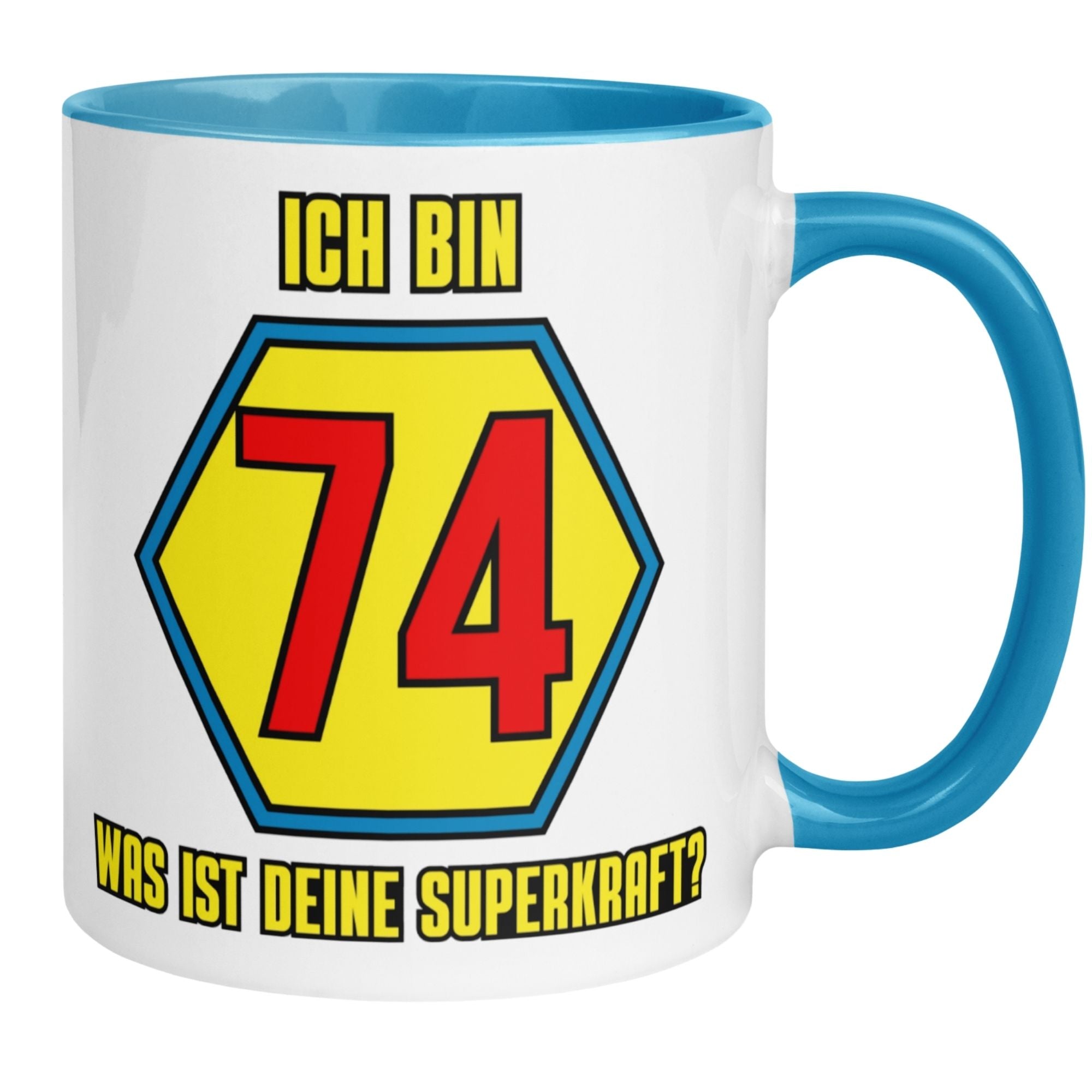 Momentals® Tasse 74. Geburtstag | Superheld & Spruch | Ich bin 74 und was ist deine Superkraft