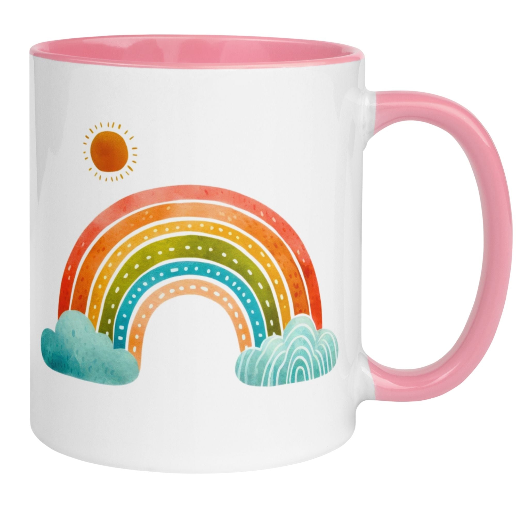 Momentals® Tasse mit buntem Regenbogen und Sonne, ideal für einen herzlichen Start in den Tag.