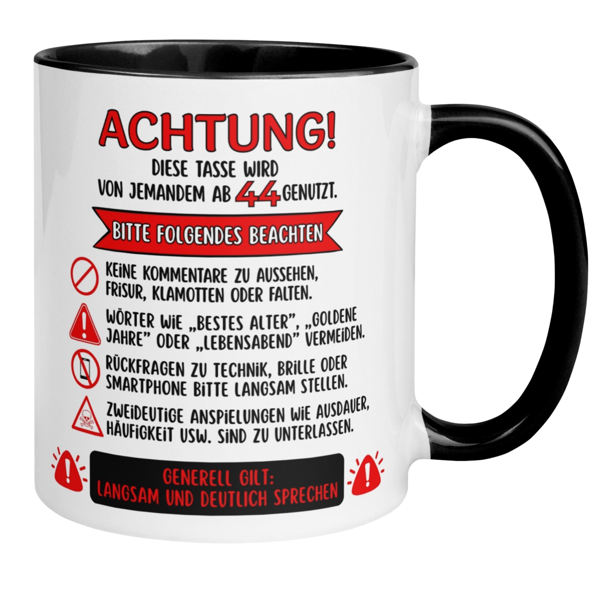 Momentals® Tasse 44. Geburtstag | Warnhinweis & Spruch | Achtung – Diese Tasse wird von jemandem ab 44 genutzt
