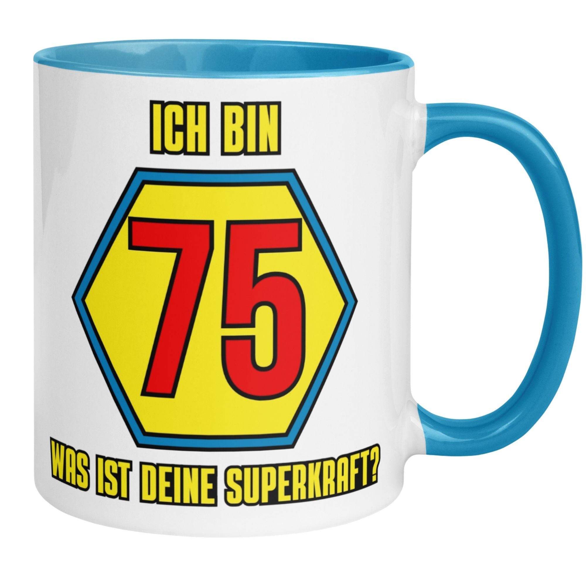 Momentals® Tasse 75. Geburtstag | Superheld & Spruch | Ich bin 75 und was ist deine Superkraft