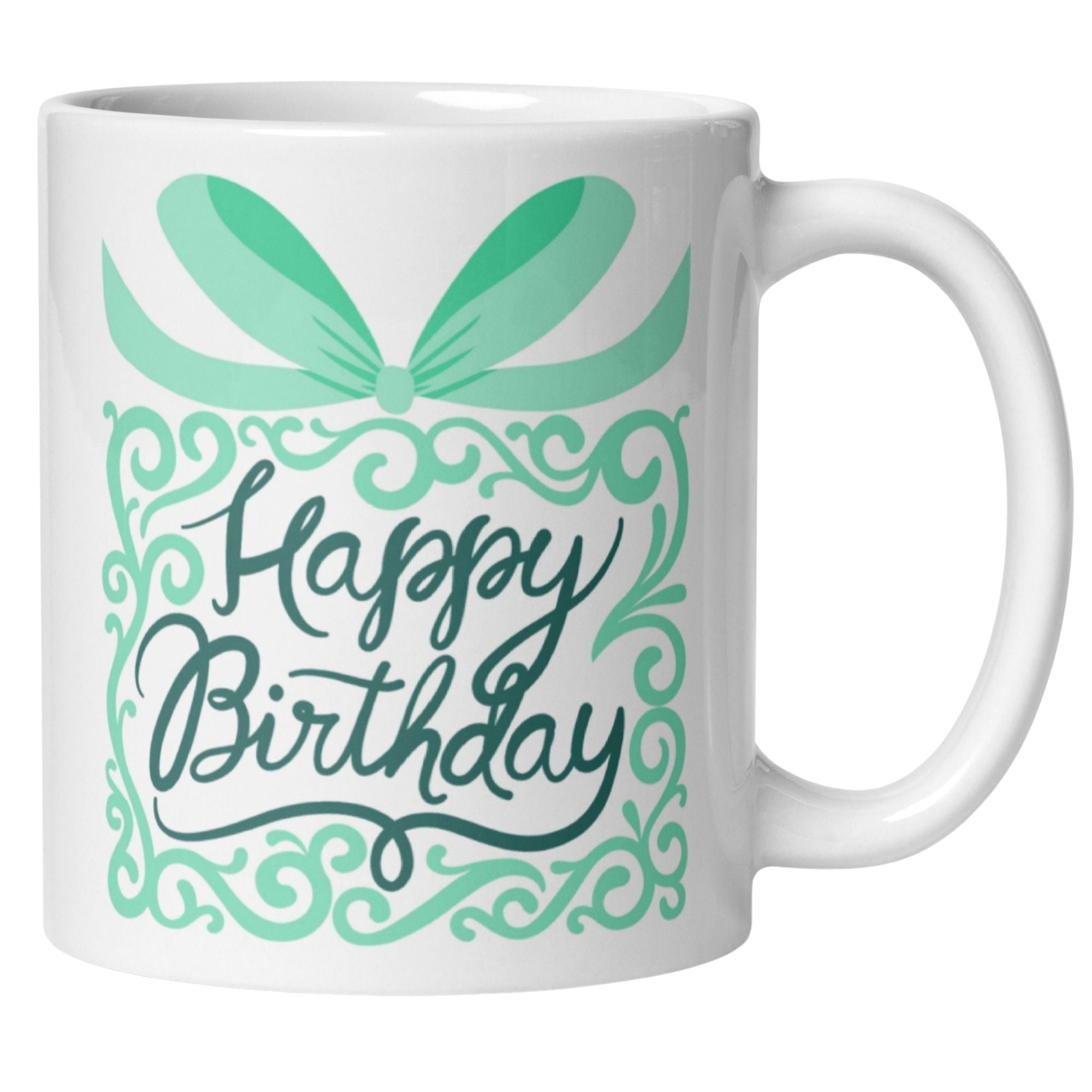 Elegant Happy Birthday mug with decorative bow and green accents, perfect gift for a birthday celebration.