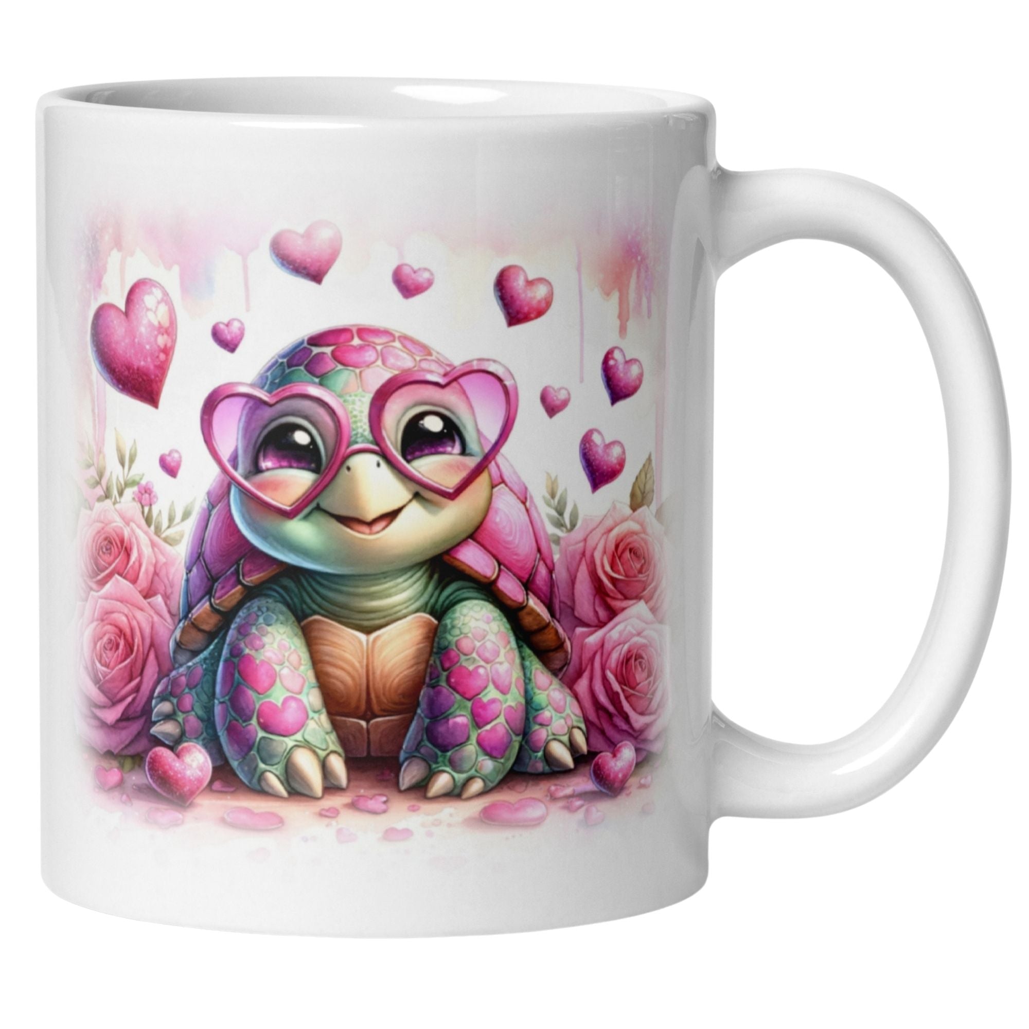 Momentals® Tasse mit niedlicher Schildkröte in Herzbrille und rosa Rosen – das perfekte Geschenk für Verliebte.