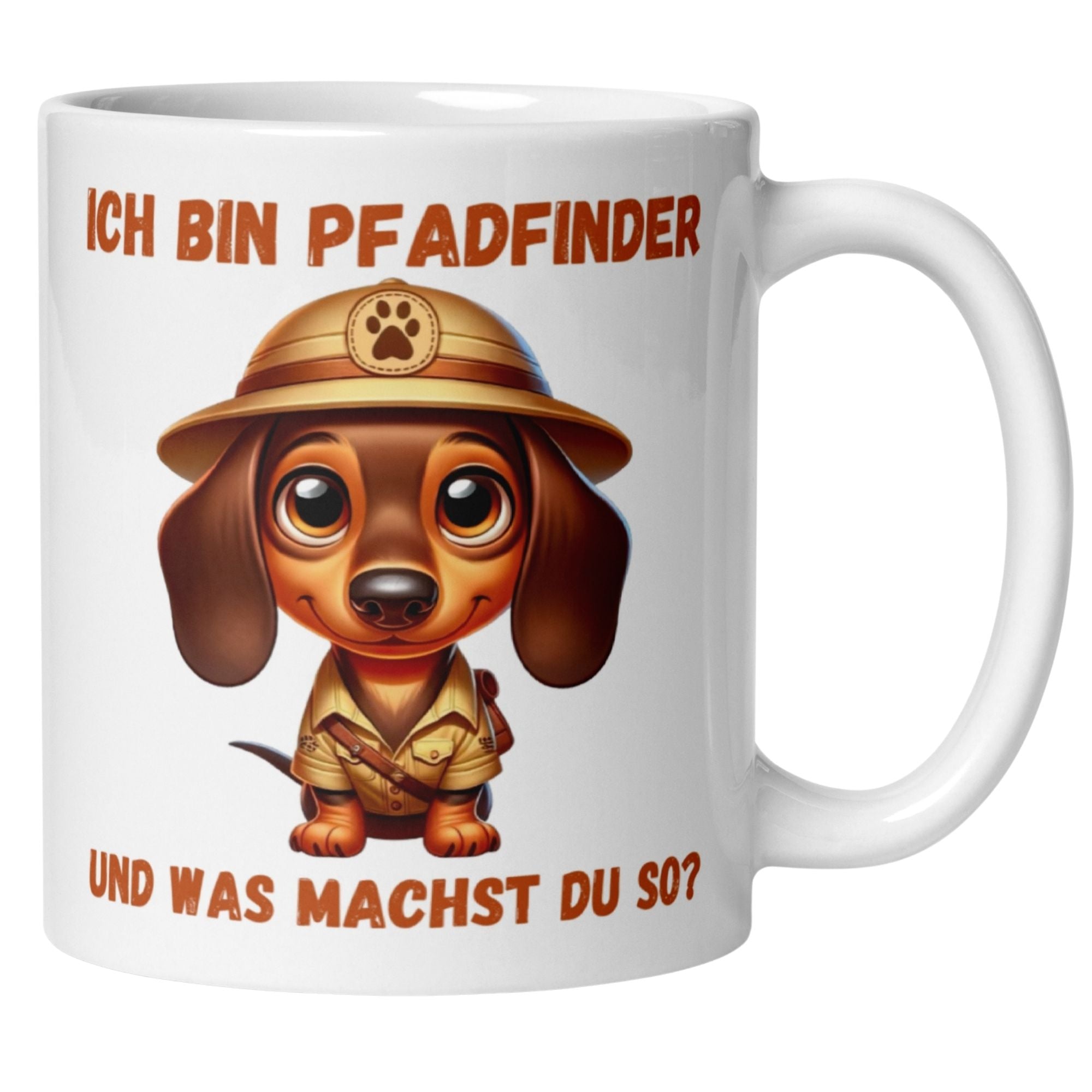 Niedliche Tasse mit Dackel in Pfadfinder-Uniform und Spruch: „Ich bin Pfadfinder, und was machst du so?“