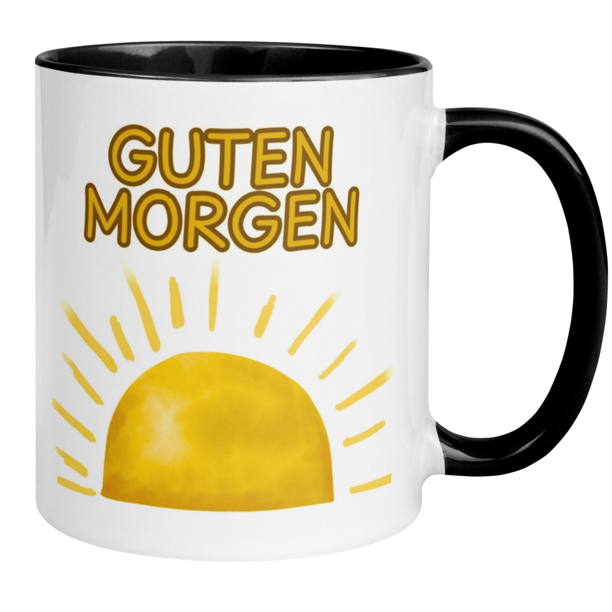 Momentals® Tasse mit Aufdruck "Guten Morgen" und stilisiertem Sonnenaufgang in Aquarell-Design.