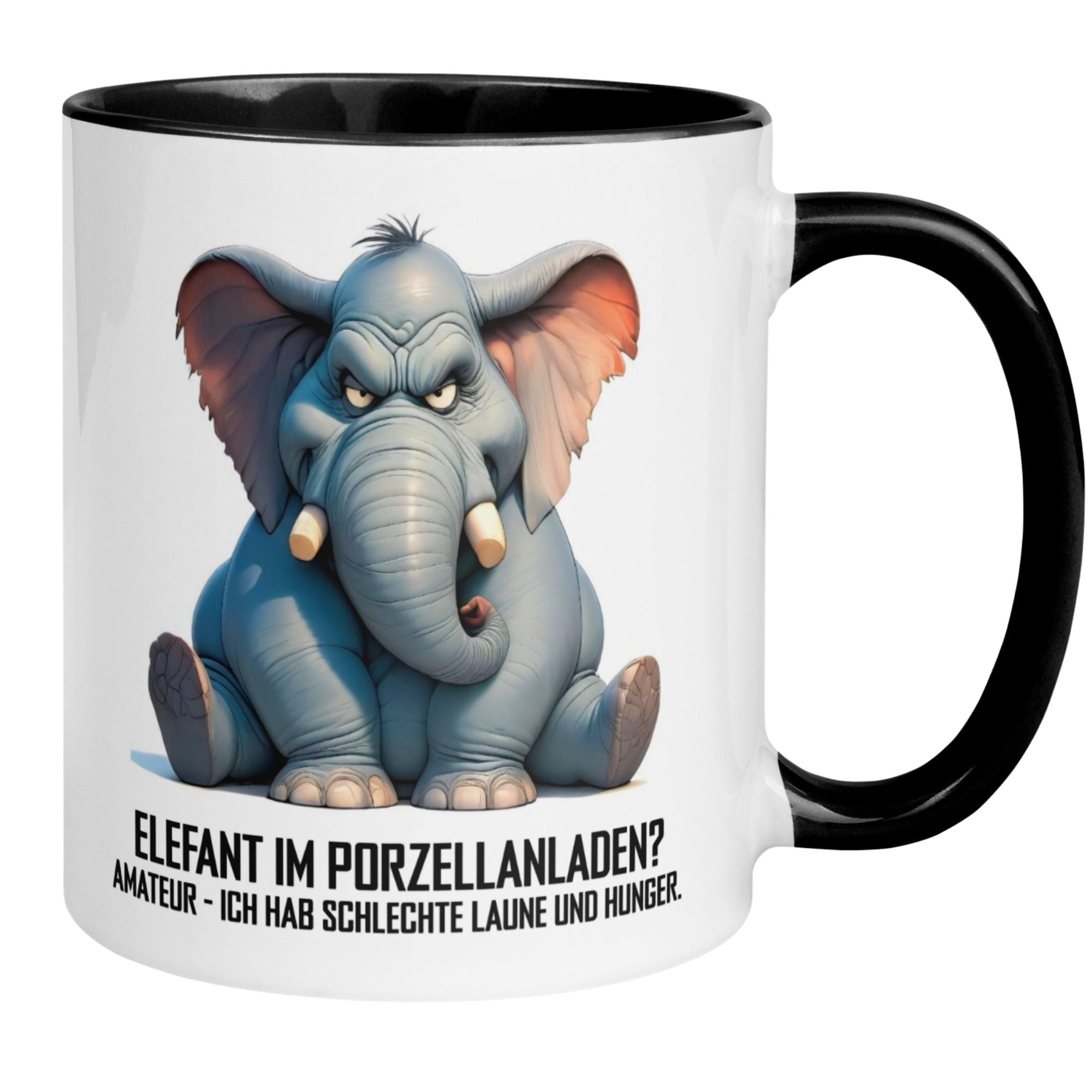 Momentals Tasse mit Elefant und Spruch "Der Elefant im Porzellanladen? Amateur" für Morgenmuffel