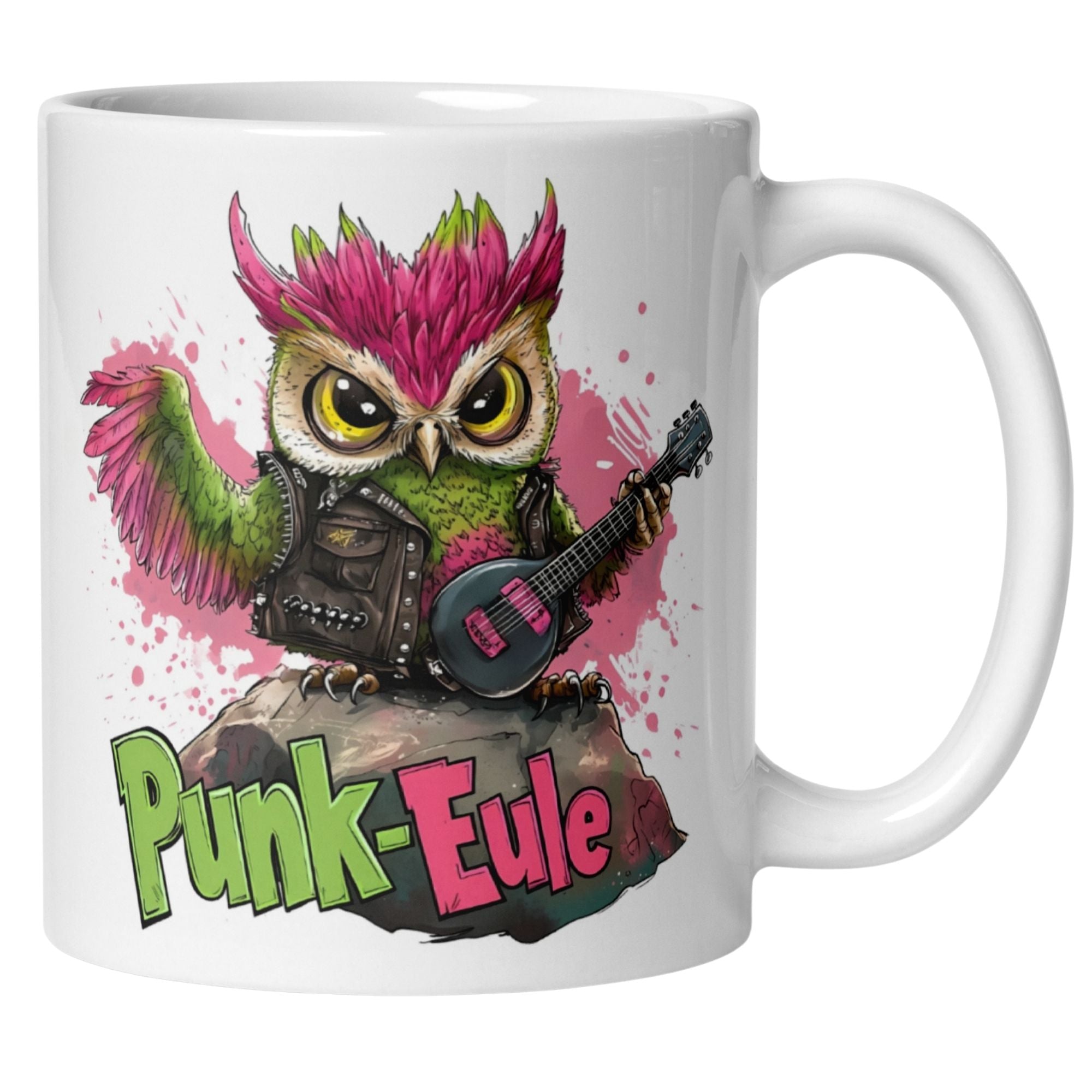 Momentals Tasse mit Punk-Eule, bunter Irokesenfrisur und E-Gitarre für humorvolle Tierliebhaber.