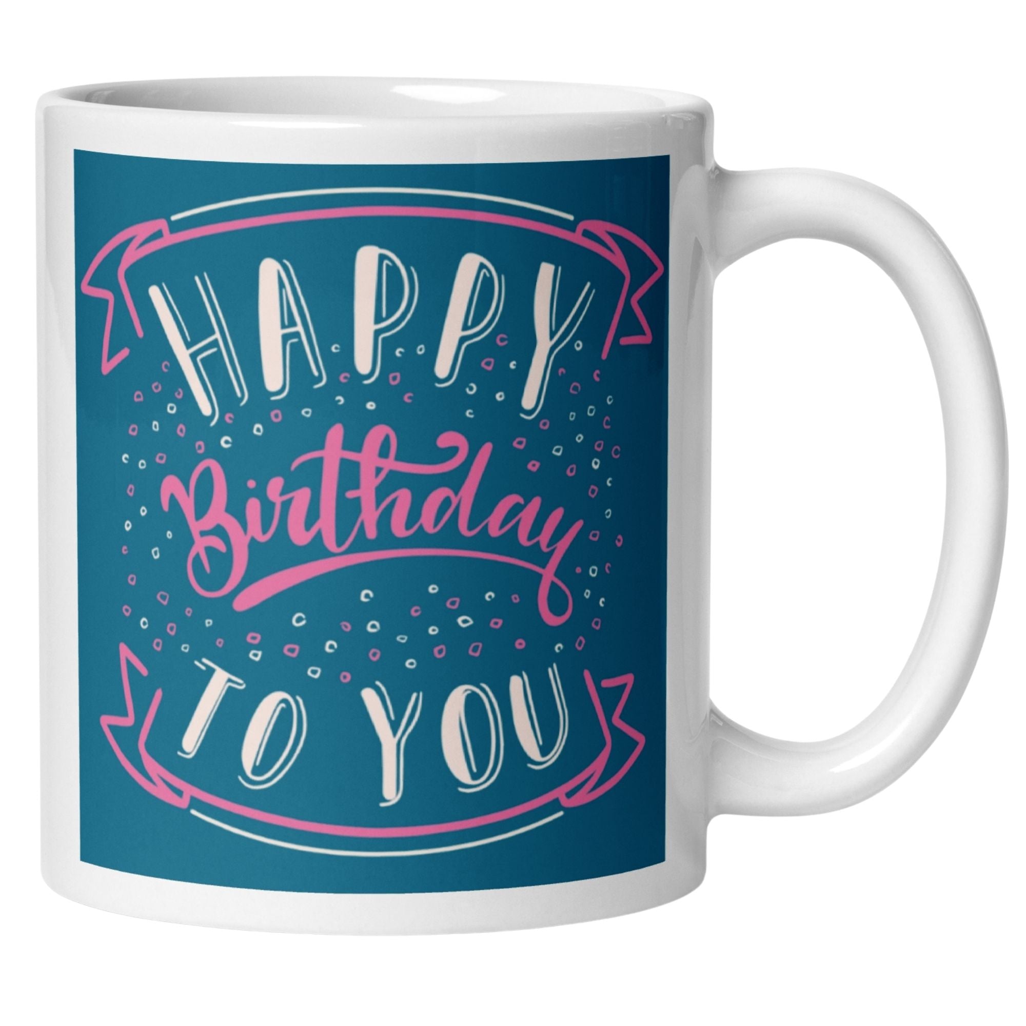 Momentals® Birthday mug with blue background and pink accents saying 'Happy Birthday to You'.