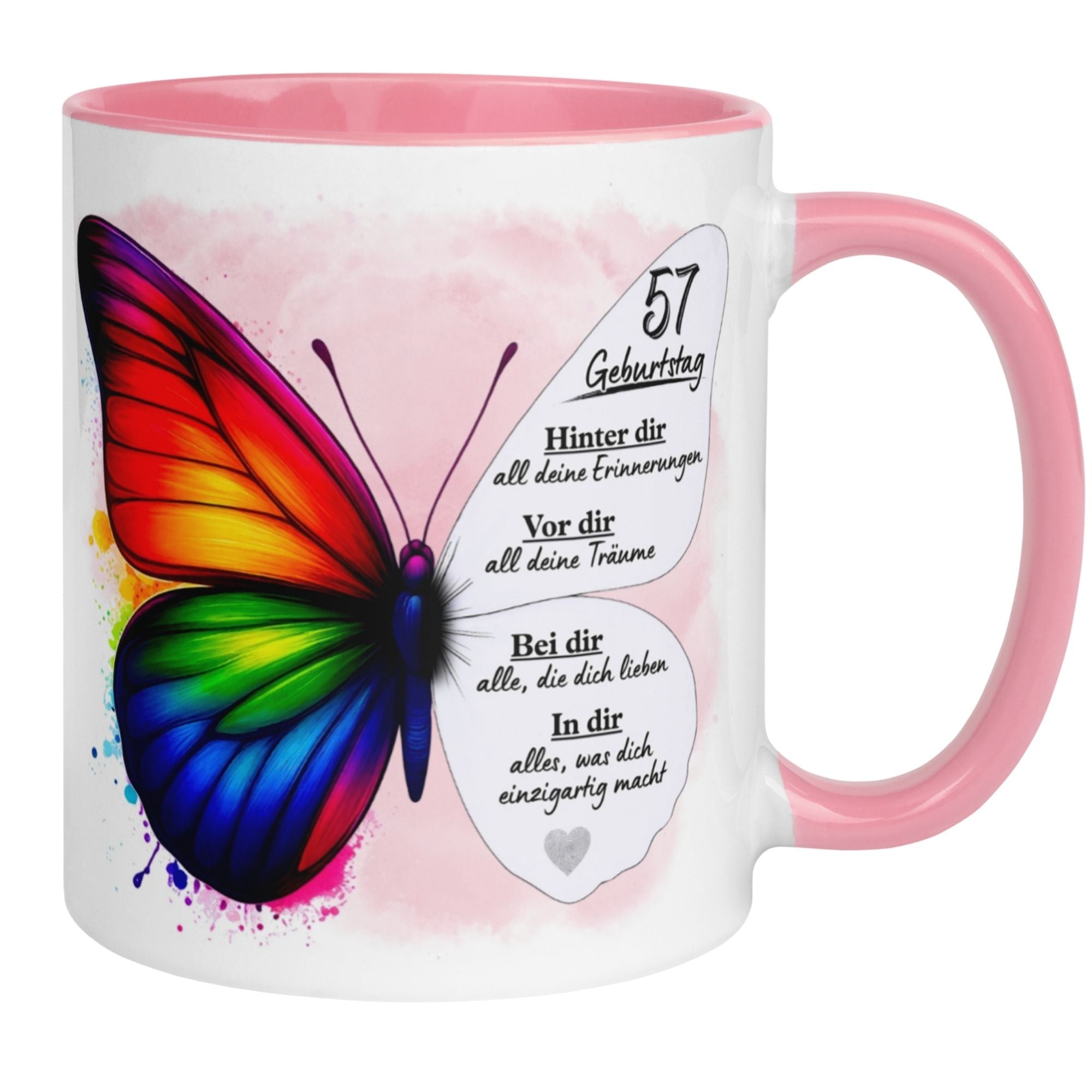Momentals® Tasse zum 57. Geburtstag mit buntem Schmetterling und inspirierendem Spruch über Erinnerungen und Träume.