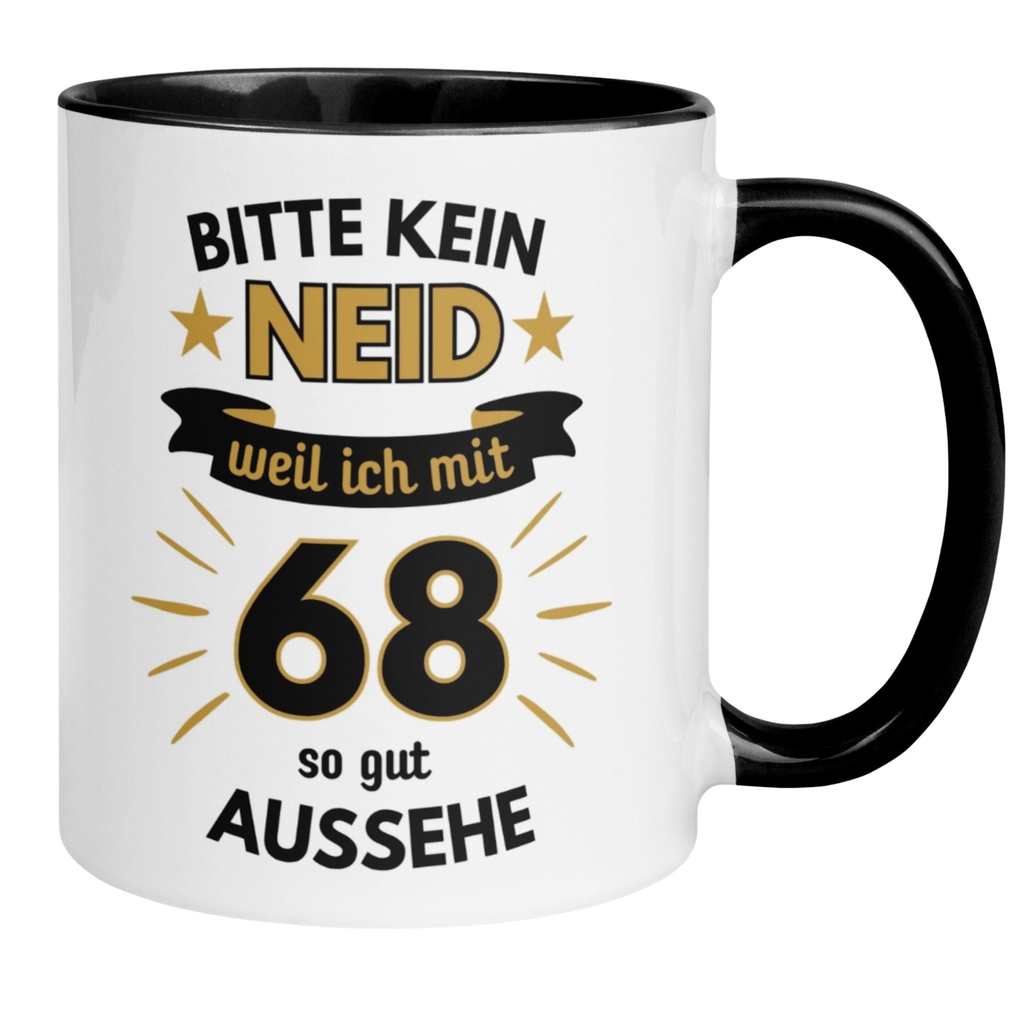 Momentals® Geburtstags-Tasse für 68. Geburtstag mit humorvollem Spruch über Aussehen und Neid.